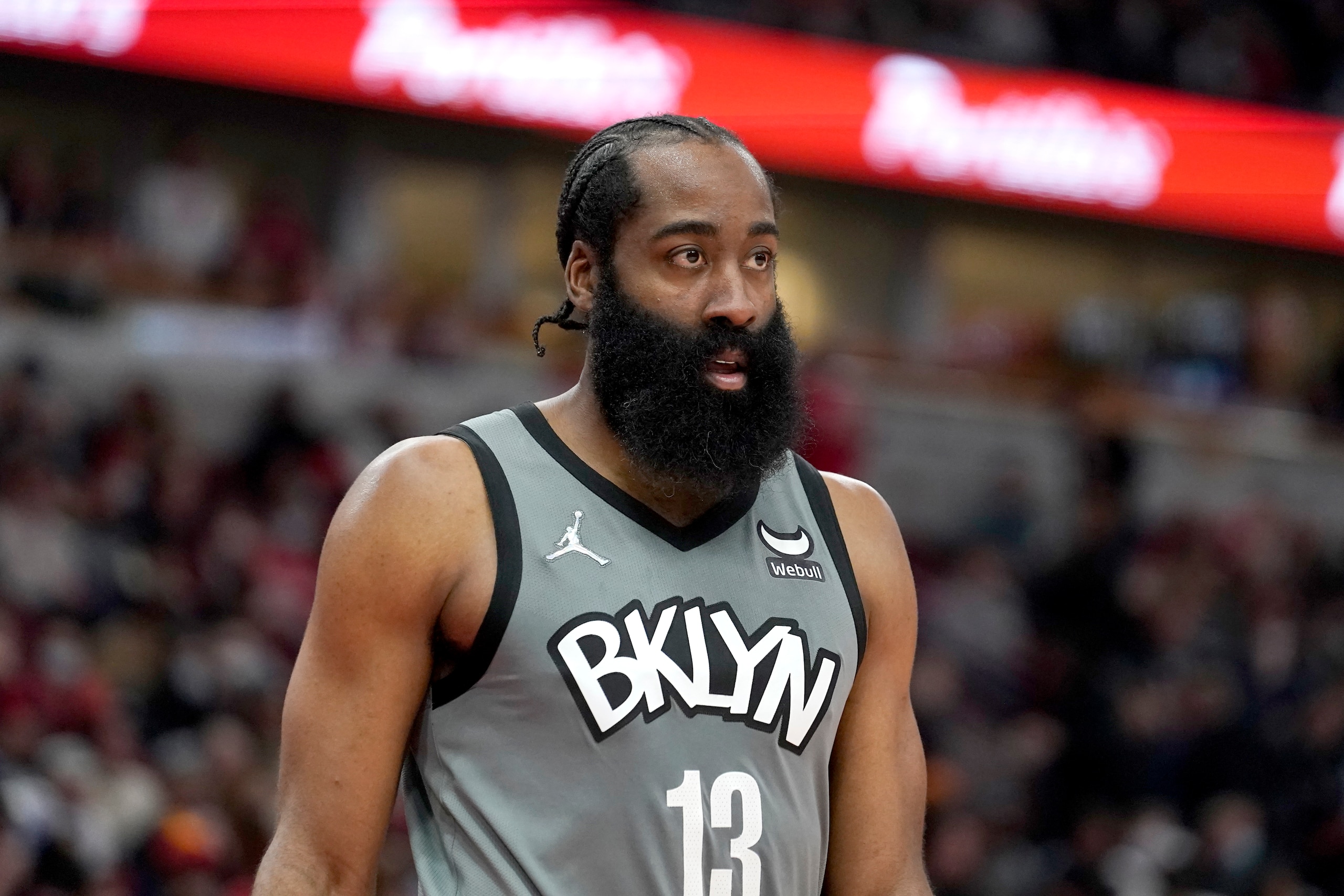 Brooklyn Nets' James Harden waits for play to resume during the second half of an NBA basketball game Wednesday, Jan. 12, 2022, in Chicago. (AP Photo/Charles Rex Arbogast) Brooklyn Nets' James Harden waits for play to resume during the second half of an NBA basketball game Wednesday, Jan. 12, 2022, in Chicago. (AP Photo/Charles Rex Arbogast)