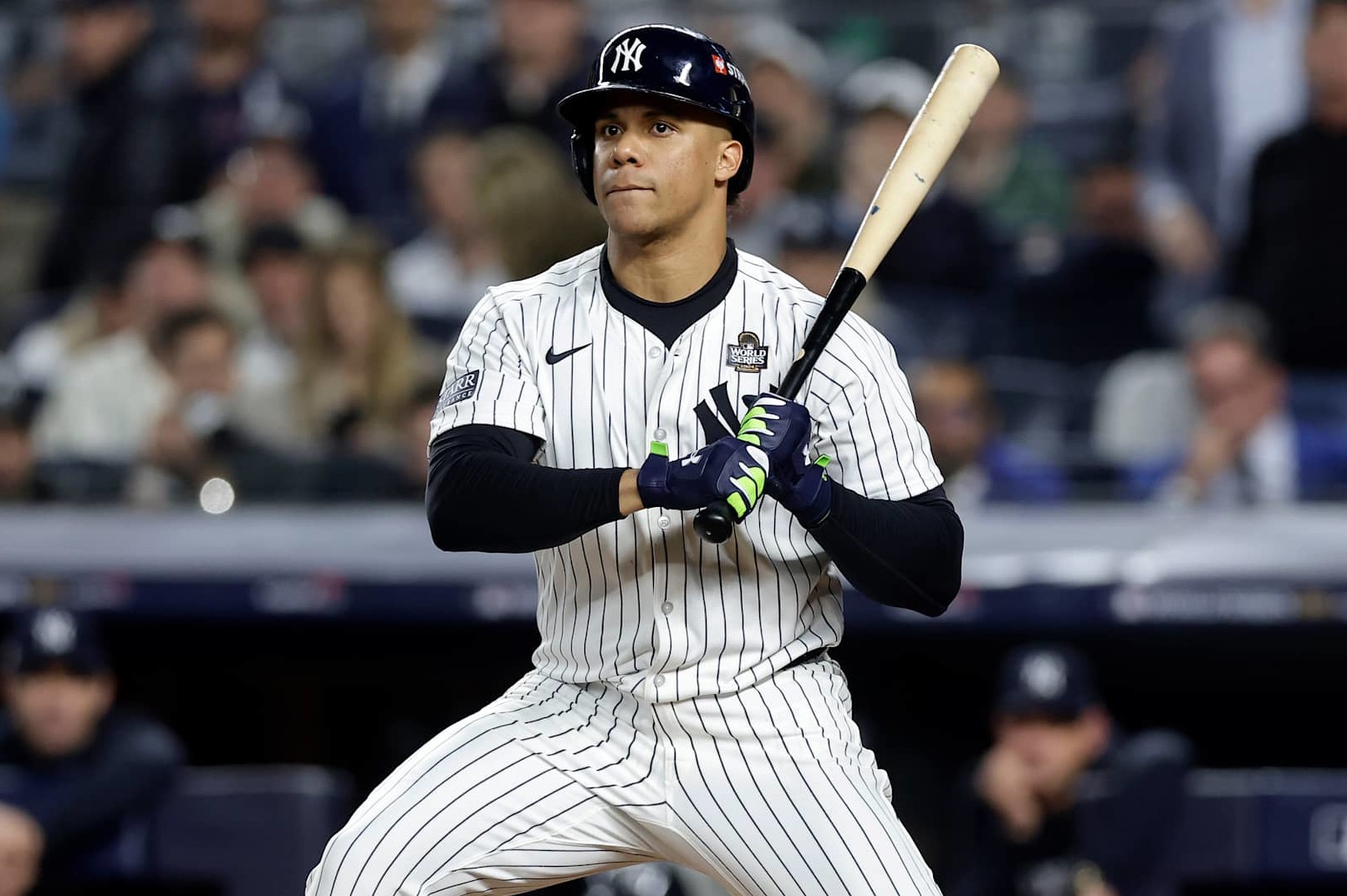 NEW YORK, NEW YORK - OCTOBER 30: (NEW YORK DAILIES OUT)  Juan Soto #22 of the New York Yankees in action against the Los Angeles Dodgers during Game Five of the 2024 World Series at Yankee Stadium on October 30, 2024 in New York City. The Dodgers defeated the Yankees 7-6. (Photo by Jim McIsaac/Getty Images)