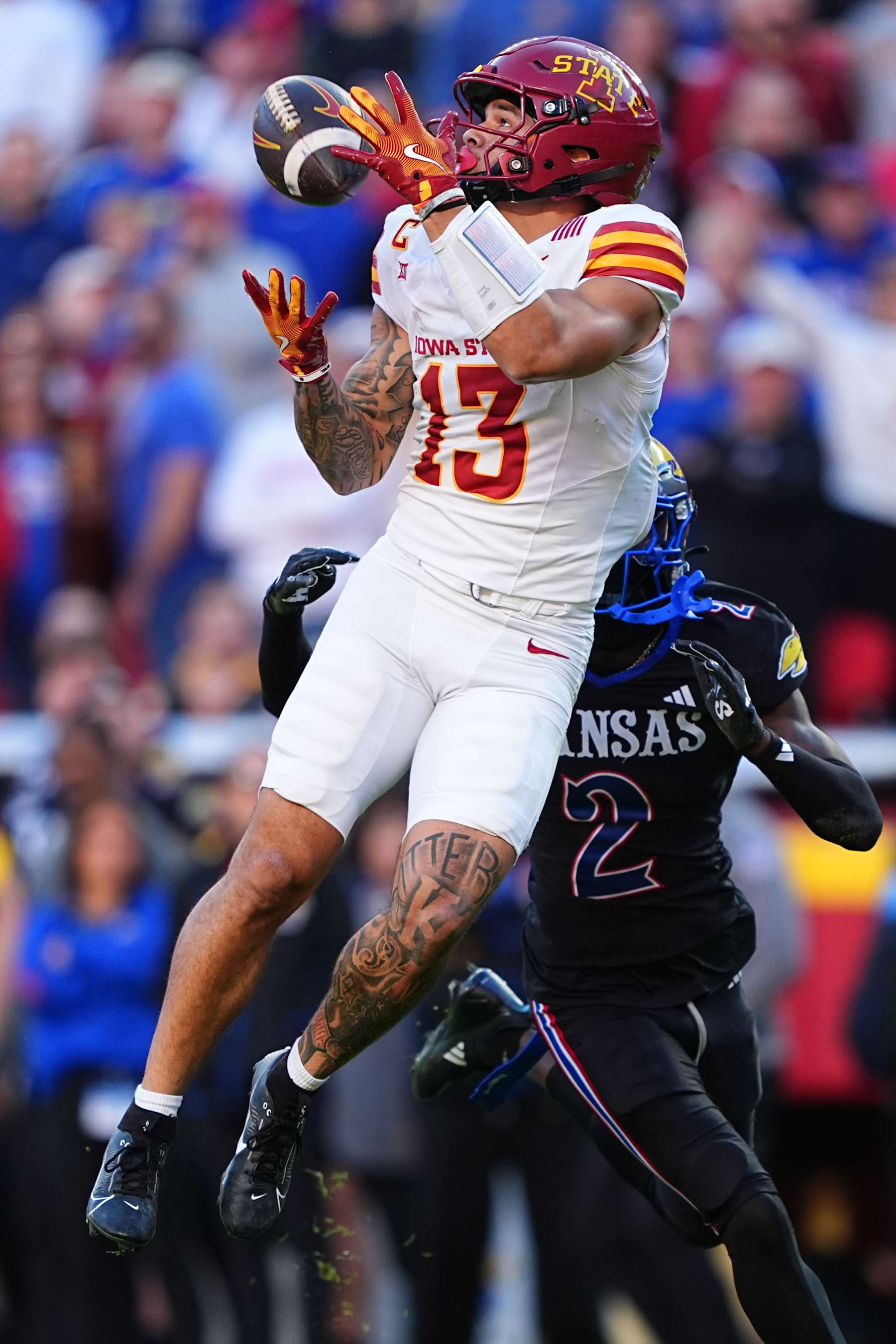 KANSAS CITY, MISSOURI - NOVEMBER 9: Wide receiver Jaylin Noel #13 of the Iowa State Cyclones catches a long pass against the Kansas Jayhawks during the second quarter at Arrowhead Stadium on November 9, 2024 in Kansas City, Missouri. (Photo by Kyle Rivas/Getty Images)