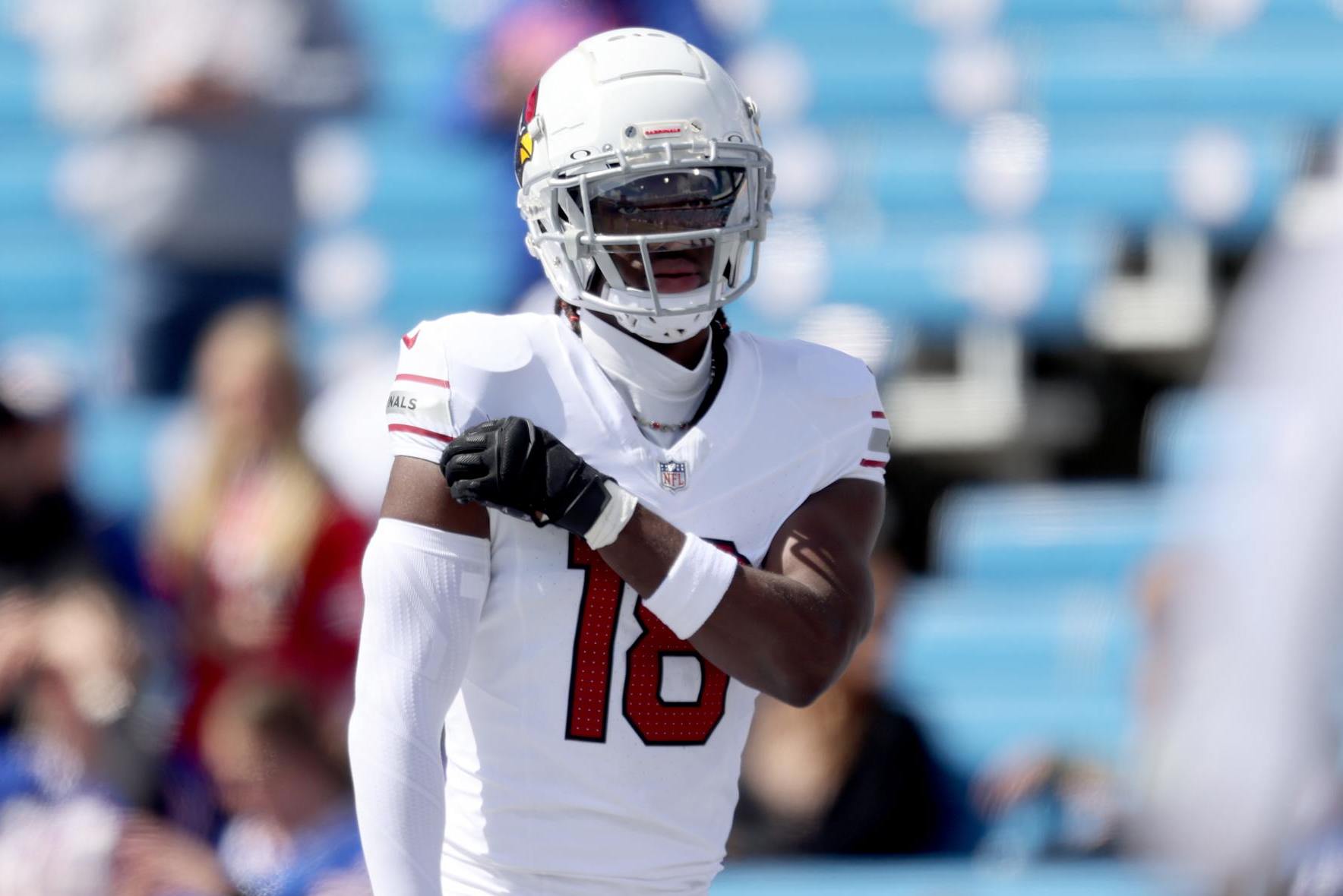ORCHARD PARK, NEW YORK - SEPTEMBER 08: Marvin Harrison Jr. #18 of the Arizona Cardinals looks on prior to a game against the Buffalo Bills at Highmark Stadium on September 08, 2024 in Orchard Park, New York. (Photo by Bryan Bennett/Getty Images)