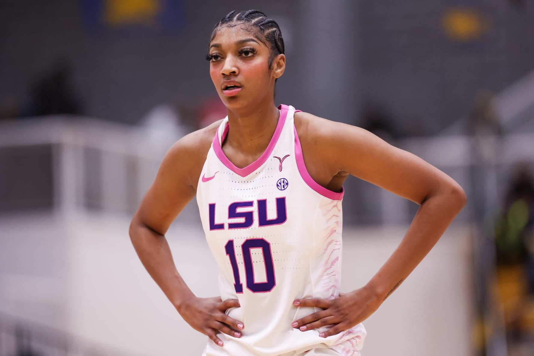 BALTIMORE, MD - DECEMBER 20:  Angel Reese of LSU action during a NCAA Women's Basketball game between LSU Lady Tigers (80) and Coppin State Eagles (48)  at the Coppin State Physical Education Complex on December 20th, 2023 in Baltimore, Maryland. (Photo by Simon Bruty/Anychance/Getty Images)