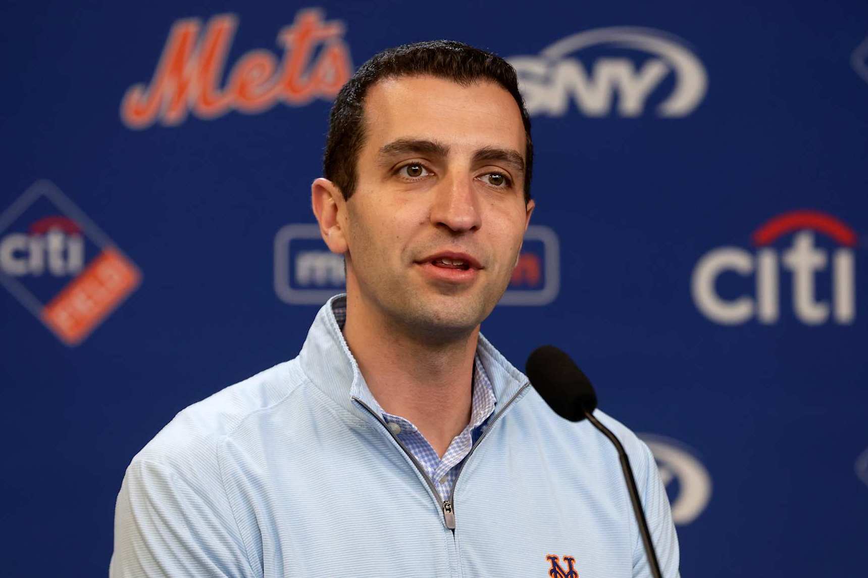 NEW YORK, NEW YORK - MAY 28: (NEW YORK DAILIES OUT)  New York Mets President David Stearns speaks to the media before a game against the Los Angeles Dodgers at Citi Field on May 28, 2024 in New York City.  The Dodgers defeated the Mets 5-2 in ten innings. (Photo by Jim McIsaac/Getty Images)