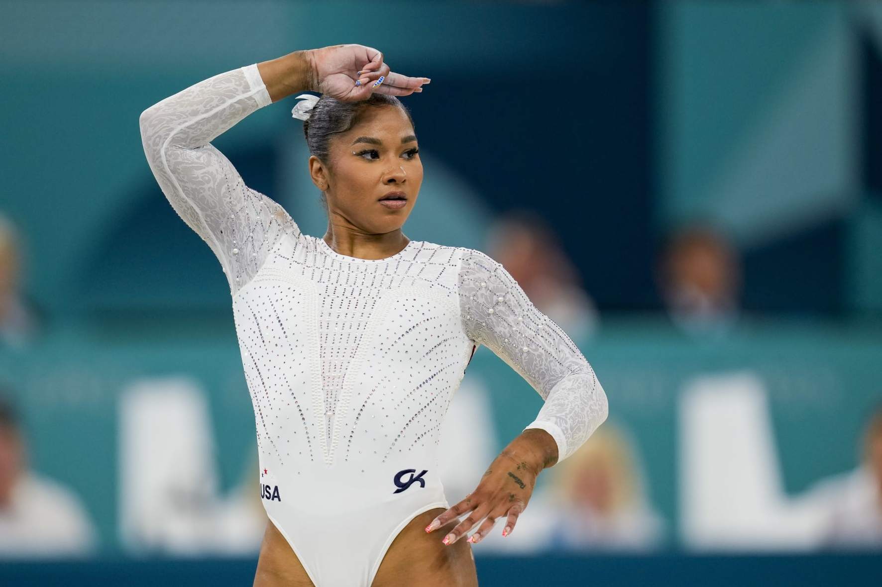 Jordan Chiles of USA competes during the Women's Artistic Gymnastics Floor Exercise Final on Day 10 of the Olympic Games Paris 2024 at Bercy Arena on August 5, 2024 in Paris, France. (Photo by Alex Gottschalk/DeFodi Images via Getty Images)