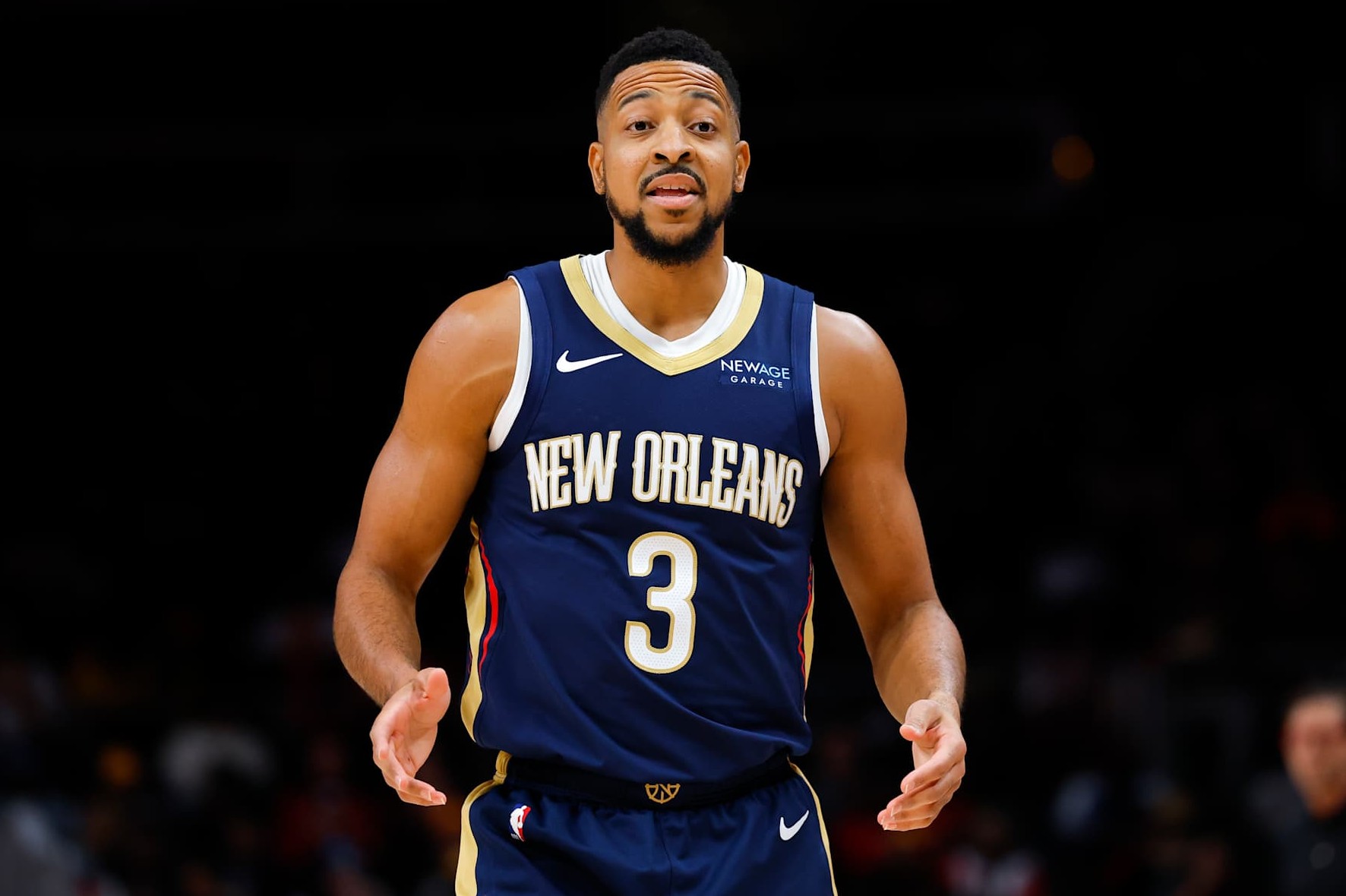 ATLANTA, GEORGIA - DECEMBER 2: CJ McCollum #3 of the New Orleans Pelicans reacts during the first quarter against the Atlanta Hawks at State Farm Arena on December 2, 2024 in Atlanta, Georgia. NOTE TO USER: User expressly acknowledges and agrees that, by downloading and or using this photograph, User is consenting to the terms and conditions of the Getty Images License Agreement. (Photo by Todd Kirkland/Getty Images)