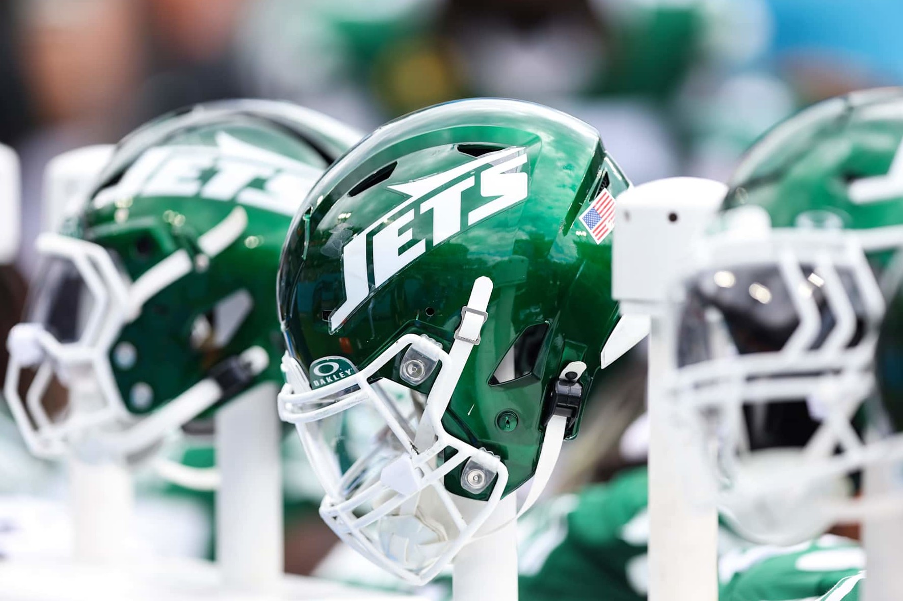 NASHVILLE, TN - SEPTEMBER 15:  Detailed view of an New York Jets helmet during an NFL football game between the New York Jets and the Tennessee Titans at Nissan Stadium on September 15, 2024 in Nashville, TN. (Photo by Perry Knotts/Getty Images)