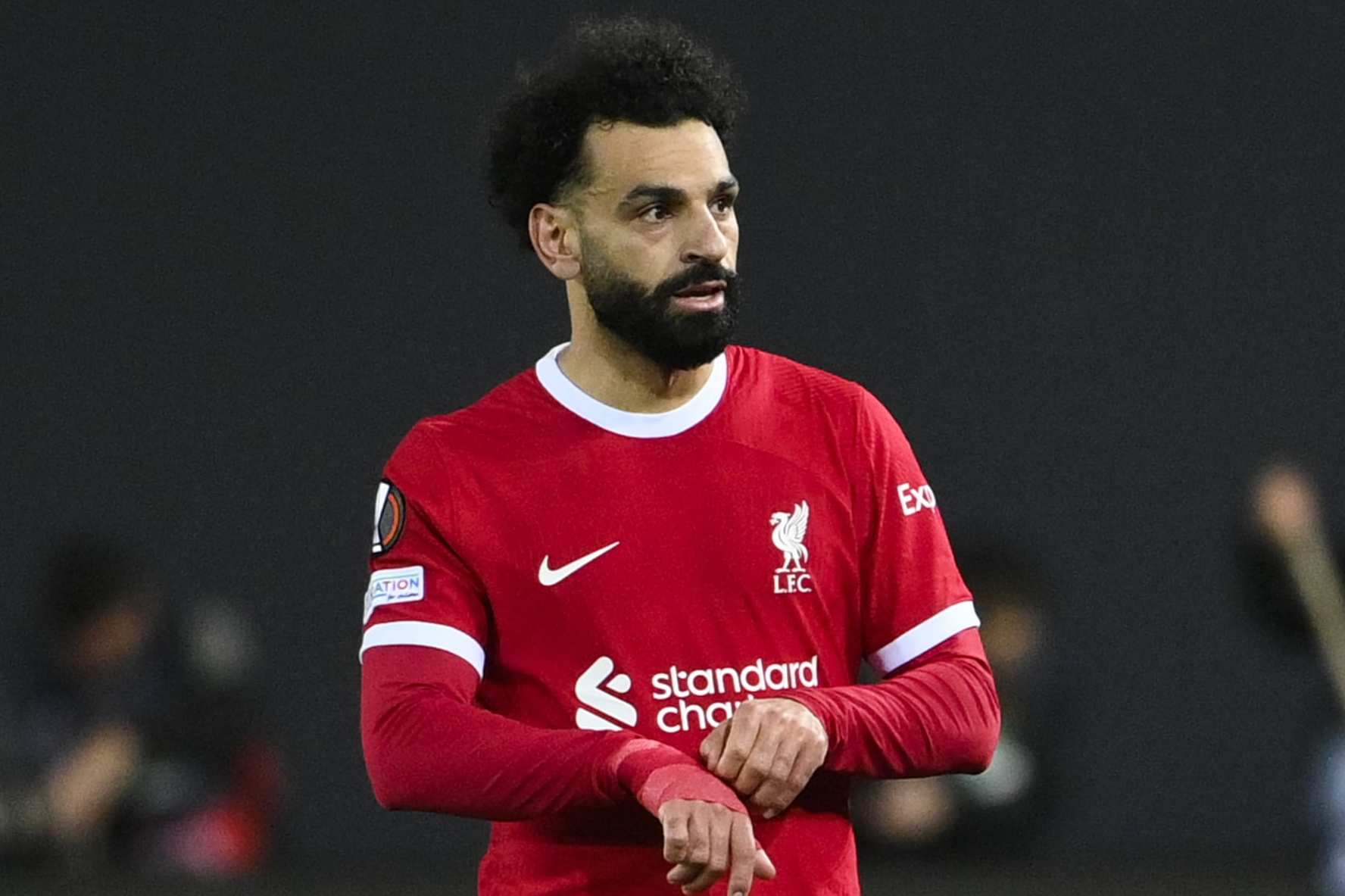 BERGAMO, ITALY - APRIL 18: Mohamed Salah of Liverpool FC reacts during the UEFA Europa League 2023/24 Quarter-Final second leg match between Atalanta and Liverpool FC at Stadio Atleti Azzurri d'Italia on April 18, 2024 in Bergamo, Italy.(Photo by Stefano Guidi/Getty Images)