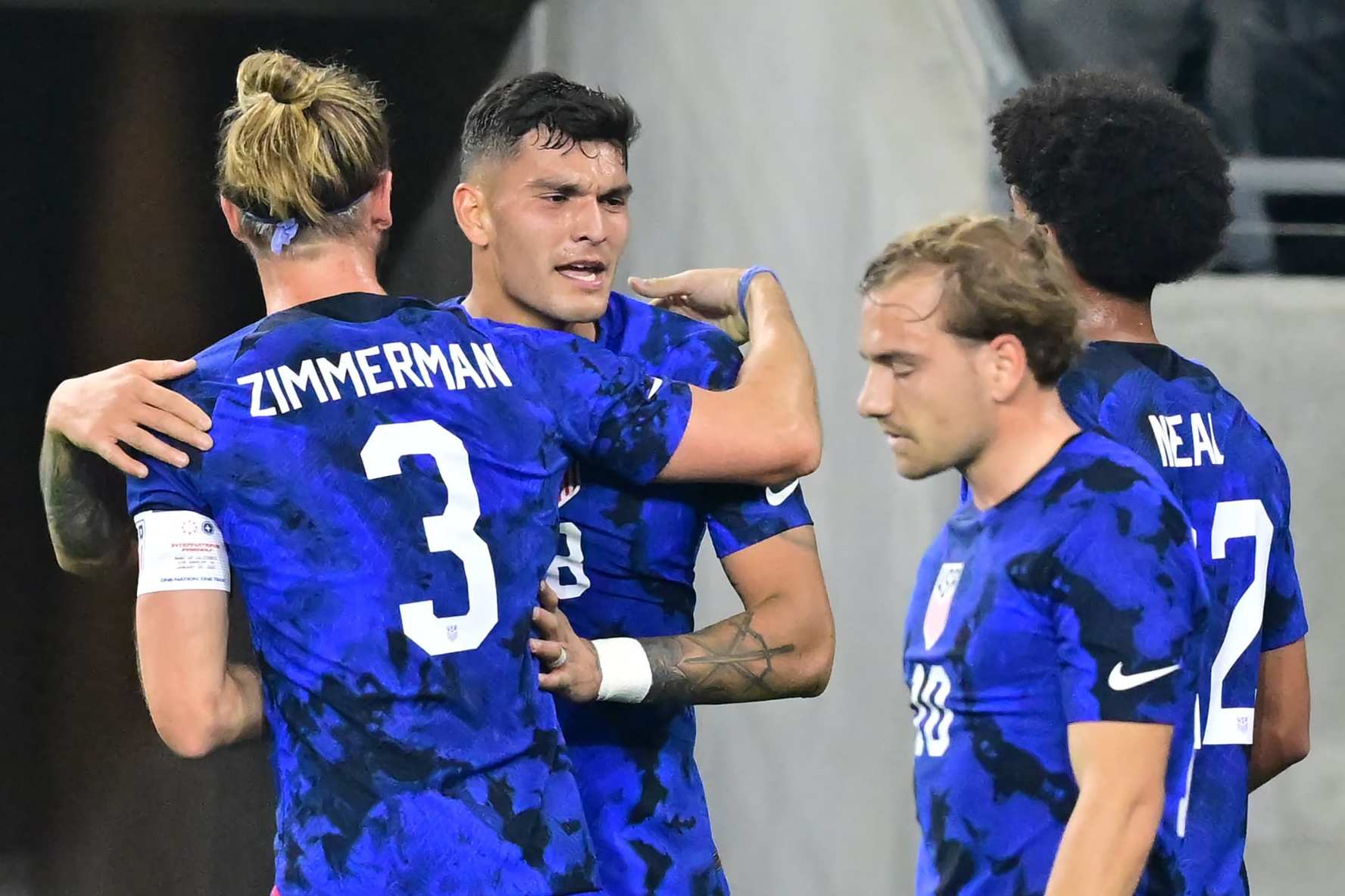 USA's forward Brandon Vazquez (2nd L) celebrates scoring his team's first goal with teammates during the international friendly football match between the USA and Serbia at the BMO Stadium in Los Angeles, California, on January 25, 2023. (Photo by Frederic J. BROWN / AFP) (Photo by FREDERIC J. BROWN/AFP via Getty Images)