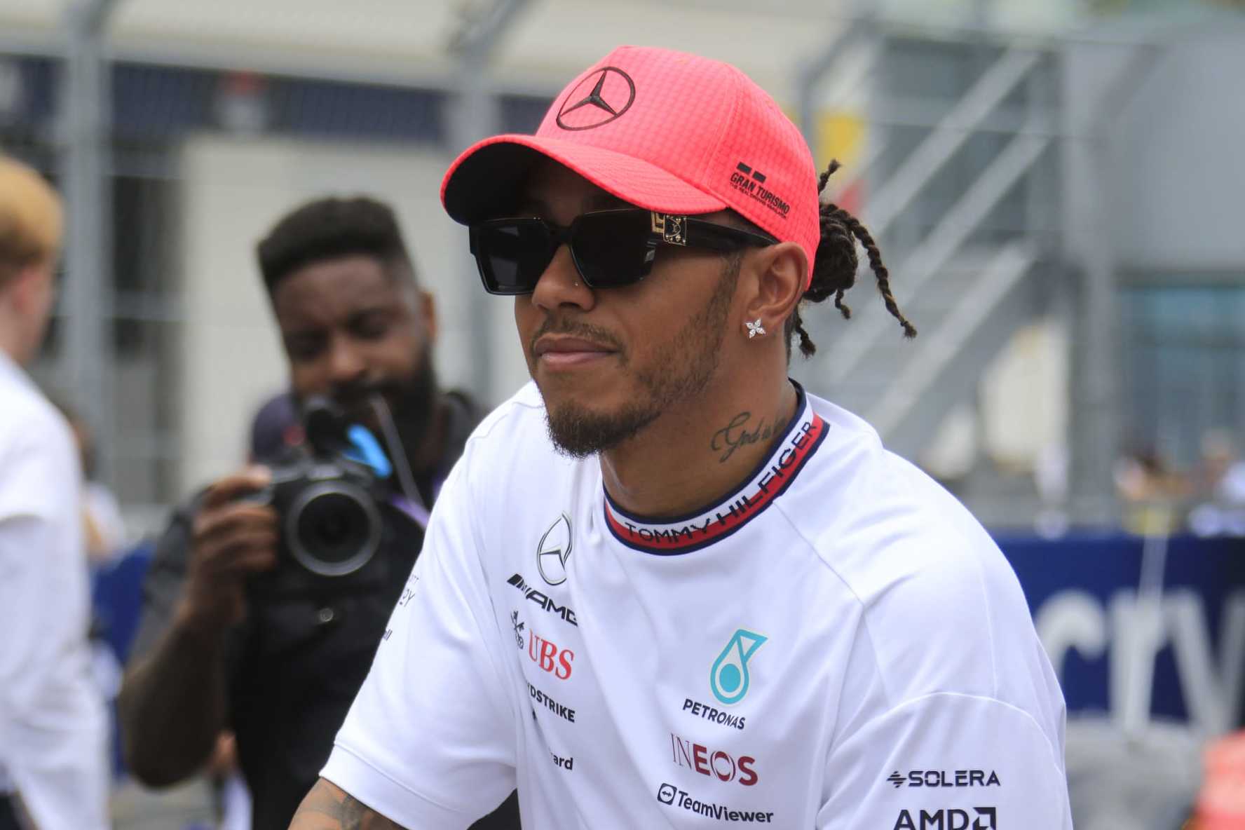 MIAMI GARDENS, FL - MAY 07: Mercedes AMG Petronas Motorsport driver Lewis Hamilton #44 looks on during the drivers parade lap prior to the running of the Formula 1 Crypto.com Miami Grand Prix at Miami International Autodrome in Miami Gardens, FL. (Photo by Jeff Robinson/Icon Sportswire via Getty Images)
