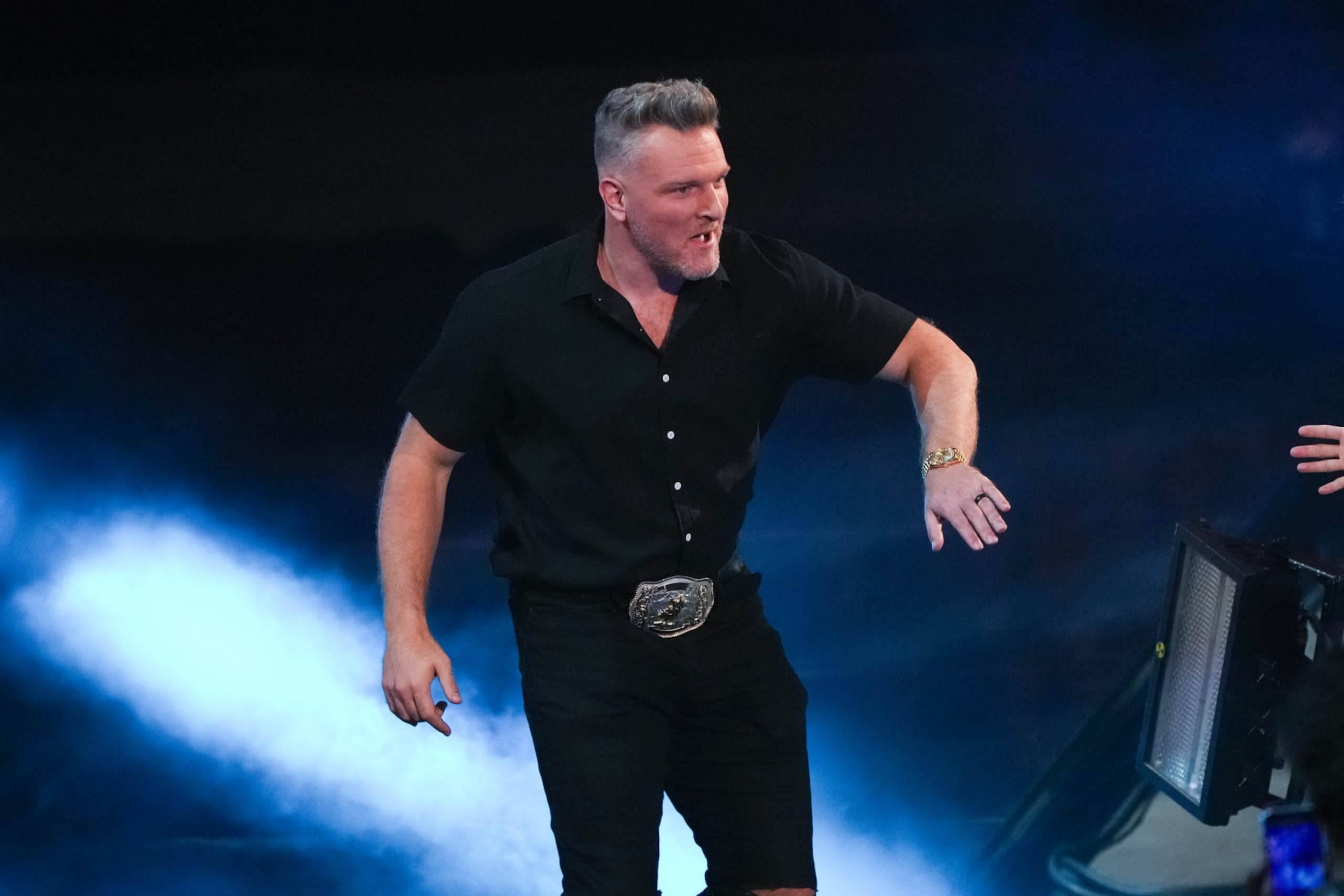 HOUSTON, TEXAS - MARCH 11: Pat McAfee is introduced during WWE Monday Night RAW at Toyota Center on March 11, 2024 in Houston, Texas. (Photo by Alex Bierens de Haan/Getty Images)