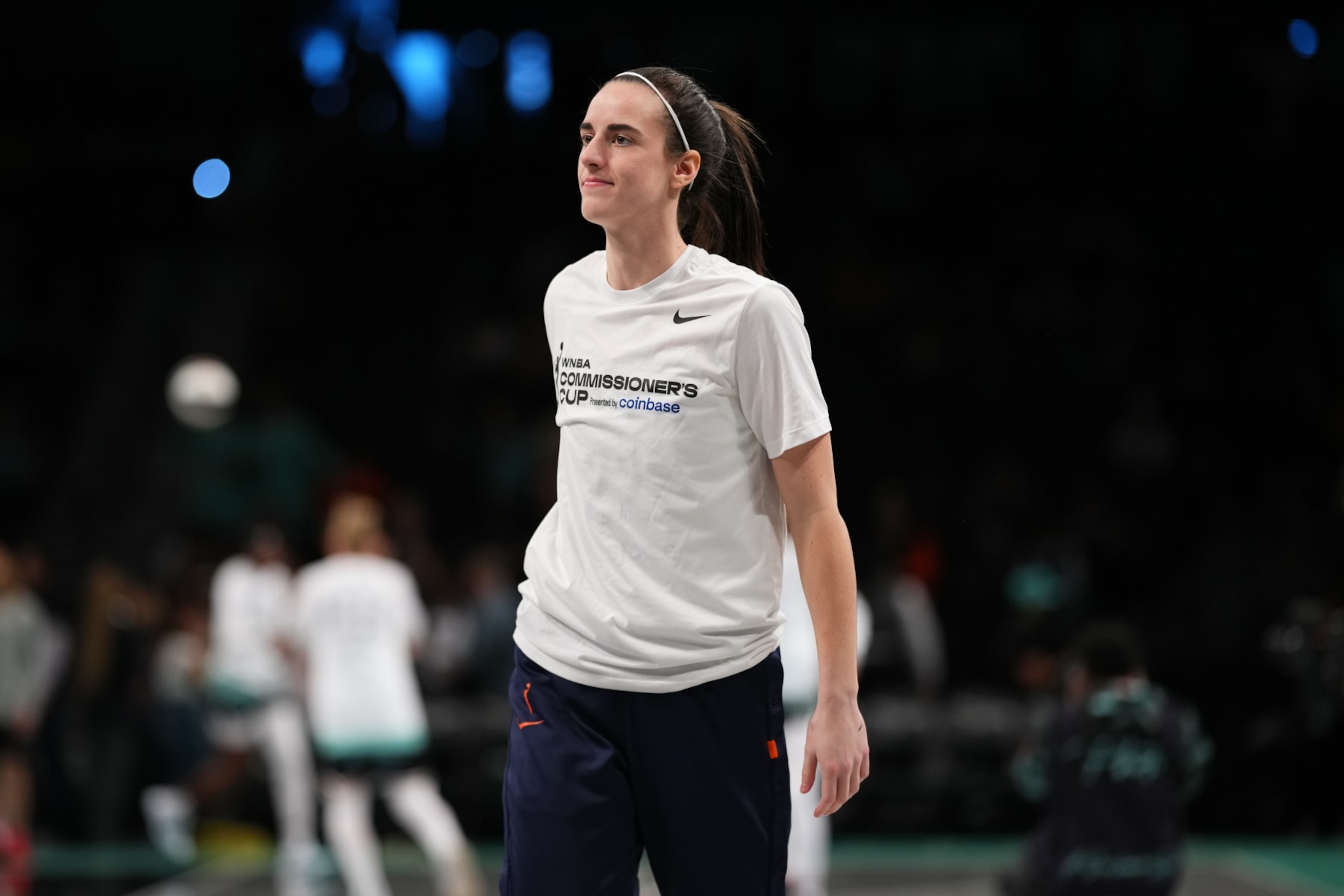 BROOKLYN, NY - JUNE 2: Caitlin Clark #22 of the Indiana Fever looks on before the game against the New York Liberty during a 2024 Commissioner's Cup game on June 2, 2024 in Brooklyn, New York. NOTE TO USER: User expressly acknowledges and agrees that, by downloading and or using this photograph, user is consenting to the terms and conditions of the Getty Images License Agreement. Mandatory Copyright Notice: Copyright 2024 NBAE (Photo by Evan Yu/NBAE via Getty Images)