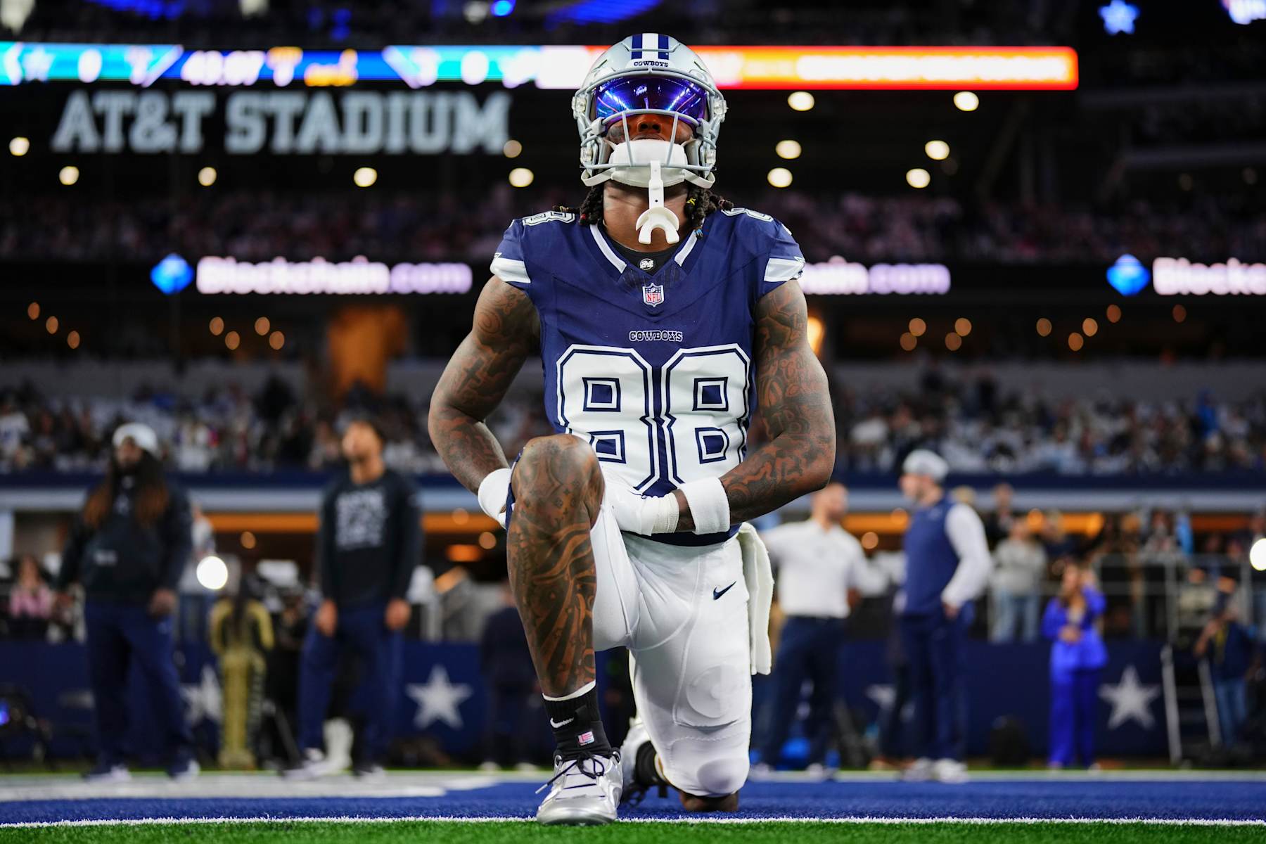 ARLINGTON, TX - DECEMBER 30: CeeDee Lamb #88 of the Dallas Cowboys warms up before kickoff against the Detroit Lions at AT&T Stadium on December 30, 2023 in Arlington, Texas. (Photo by Cooper Neill/Getty Images)