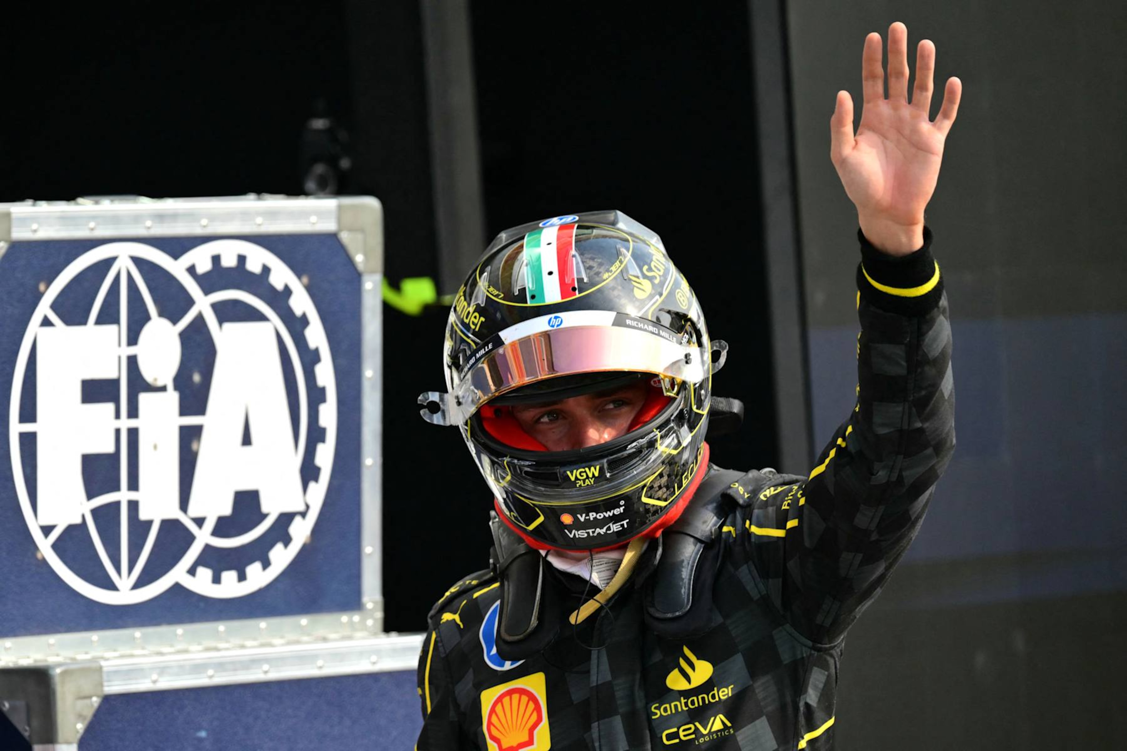 Ferrari's Monegasque driver Charles Leclerc waves a hand after the qualifying session, ahead of the Italian Formula One Grand Prix at Autodromo Nazionale Monza circuit, in Monza on August 31, 2024. (Photo by Andrej ISAKOVIC / AFP) (Photo by ANDREJ ISAKOVIC/AFP via Getty Images) Ferrari's Monegasque driver Charles Leclerc waves a hand after the qualifying session, ahead of the Italian Formula One Grand Prix at Autodromo Nazionale Monza circuit, in Monza on August 31, 2024. (Photo by Andrej ISAKOVIC / AFP) (Photo by ANDREJ ISAKOVIC/AFP via Getty Images)
