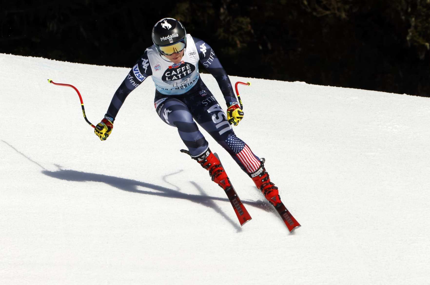 CRANS MONTANA, SWITZERLAND - FEBRUARY 24: Breezy Johnson of Team United States in action during the Audi FIS Alpine Ski World Cup Women's Downhill Training on February 24, 2023 in Crans Montana, Switzerland. (Photo by Christophe Pallot/Agence Zoom/Getty Images)