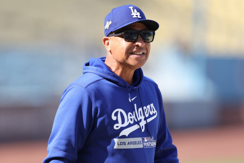 LOS ANGELES, CA - OCTOBER 09: Manager Dave Roberts #30 of the Los Angeles Dodgers looks on prior to Game 2 of the Division Series between the Arizona Diamondbacks and the Los Angeles Dodgers at Dodger Stadium on Monday, October 9, 2023 in Los Angeles, California. (Photo by Rob Leiter/MLB Photos via Getty Images)
