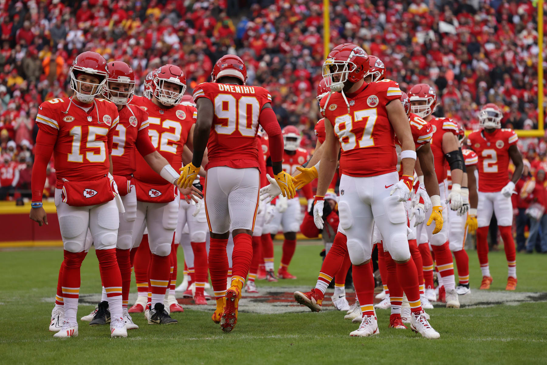 KANSAS CITY, MISSOURI - DECEMBER 25: Charles Omenihu #90 of the Kansas City Chiefs takes the field prior to a game against the Las Vegas Raiders at GEHA Field at Arrowhead Stadium on December 25, 2023 in Kansas City, Missouri. (Photo by Jamie Squire/Getty Images)
