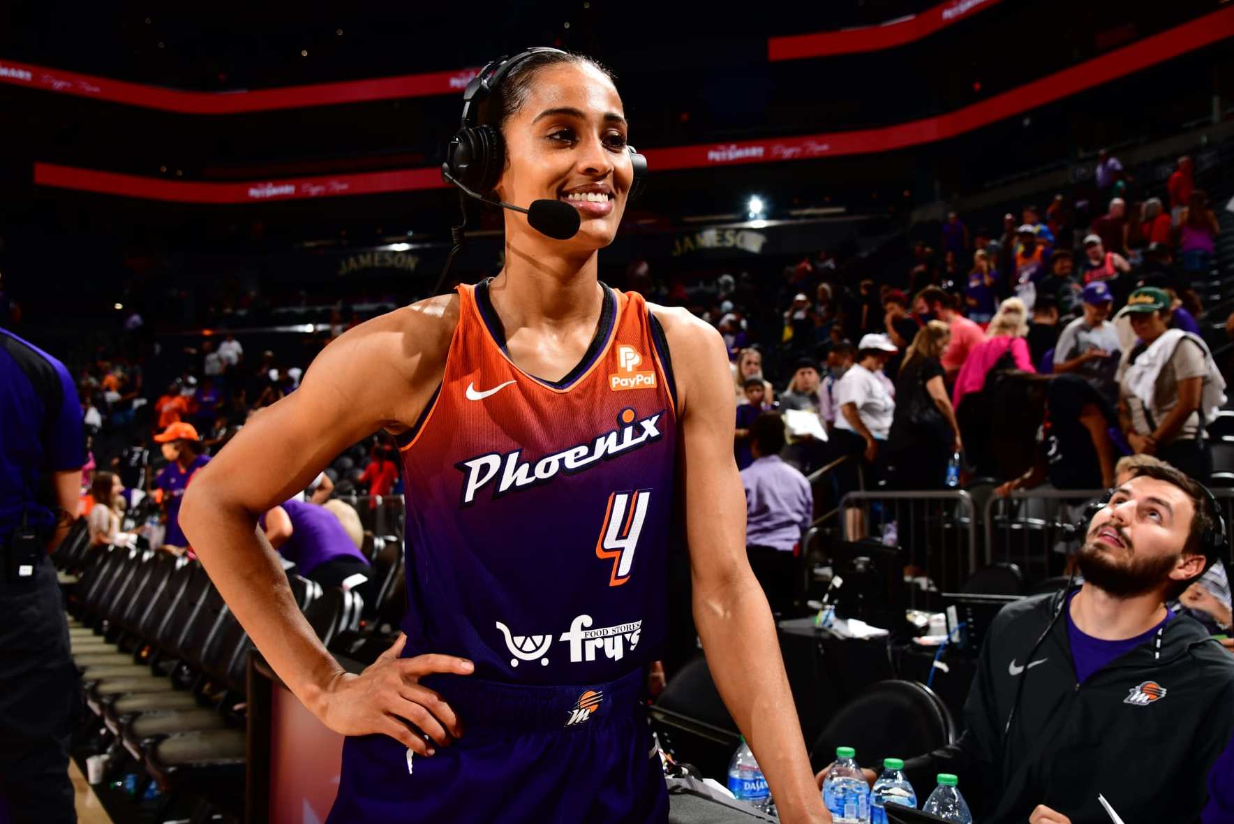 PHOENIX, AZ - JULY 14: Skylar Diggins-Smith #4 of the Phoenix Mercury interviews during the game against the Washington Mystics on July 14, 2022 at Footprint Center in Phoenix, Arizona. NOTE TO USER: User expressly acknowledges and agrees that, by downloading and or using this photograph, user is consenting to the terms and conditions of the Getty Images License Agreement. Mandatory Copyright Notice: Copyright 2022 NBAE (Photo by Barry Gossage/NBAE via Getty Images)