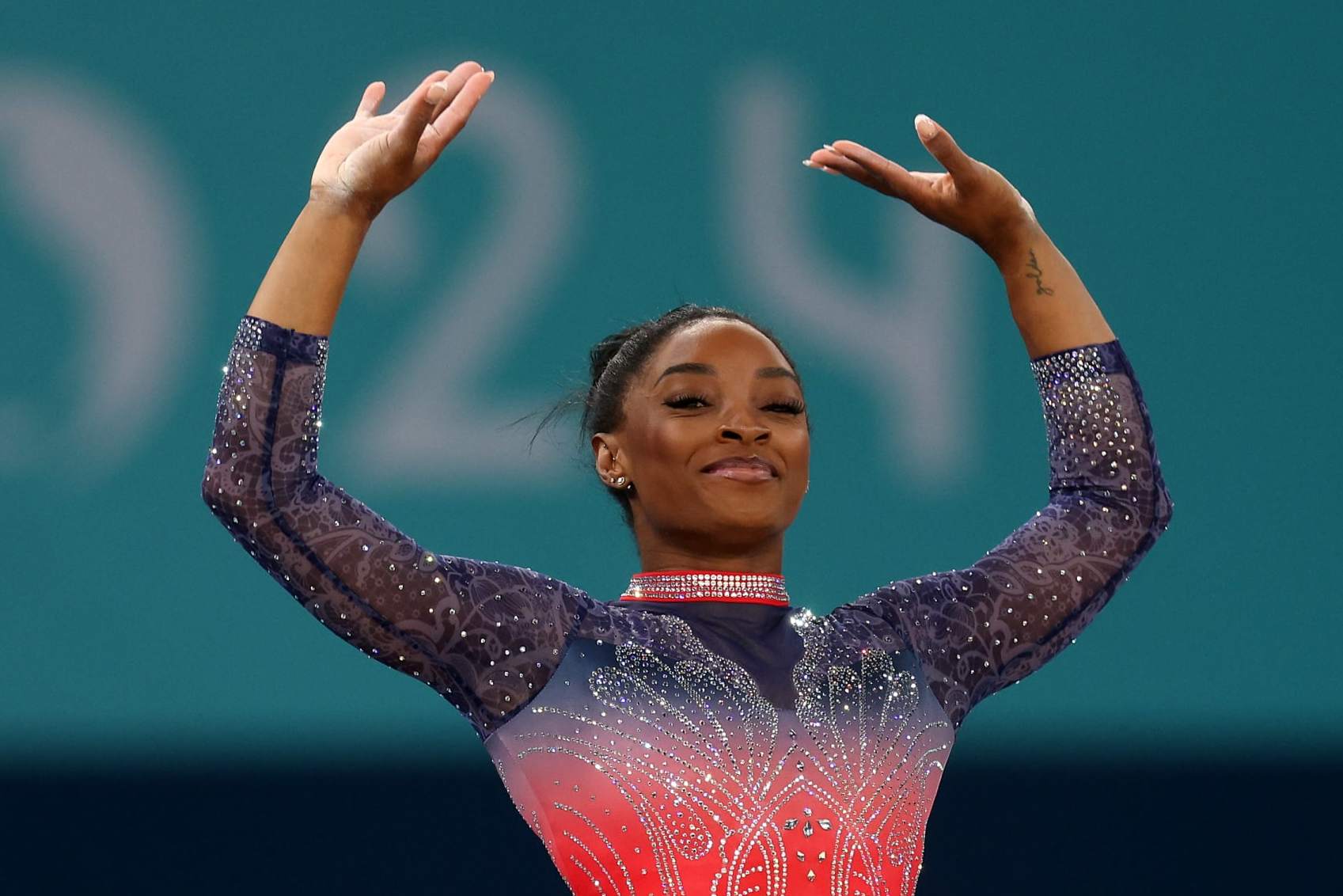 PARIS, FRANCE - AUGUST 05: Simone Biles of Team United States competes in the Artistic Gymnastics Women's Floor Exercise Final on day ten of the Olympic Games Paris 2024 at Bercy Arena on August 05, 2024 in Paris, France. (Photo by Jamie Squire/Getty Images)