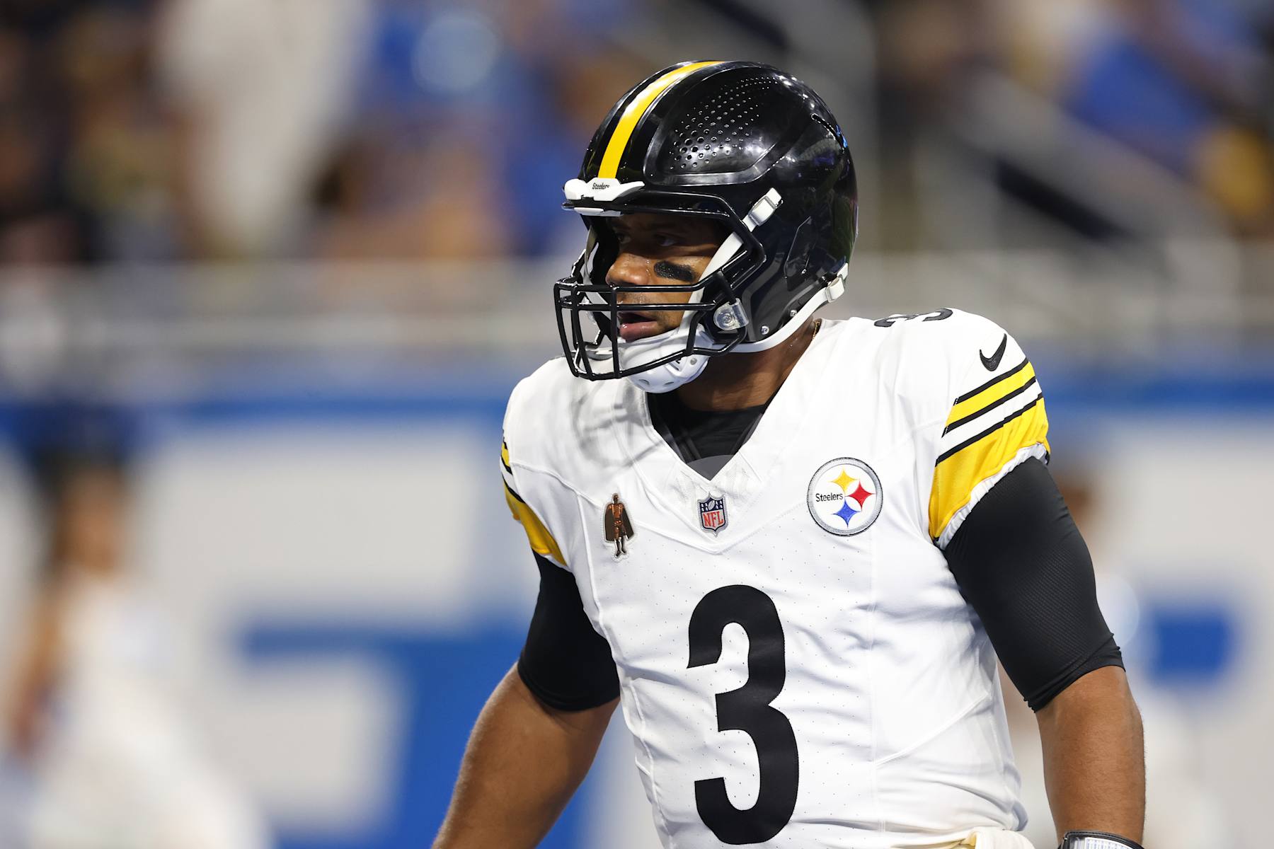 DETROIT, MICHIGAN - AUGUST 24: Russell Wilson #3 of the Pittsburgh Steelers during the first half while playing the Detroit Lions in a preseason game at Ford Field on August 24, 2024 in Detroit, Michigan. (Photo by Gregory Shamus/Getty Images)
