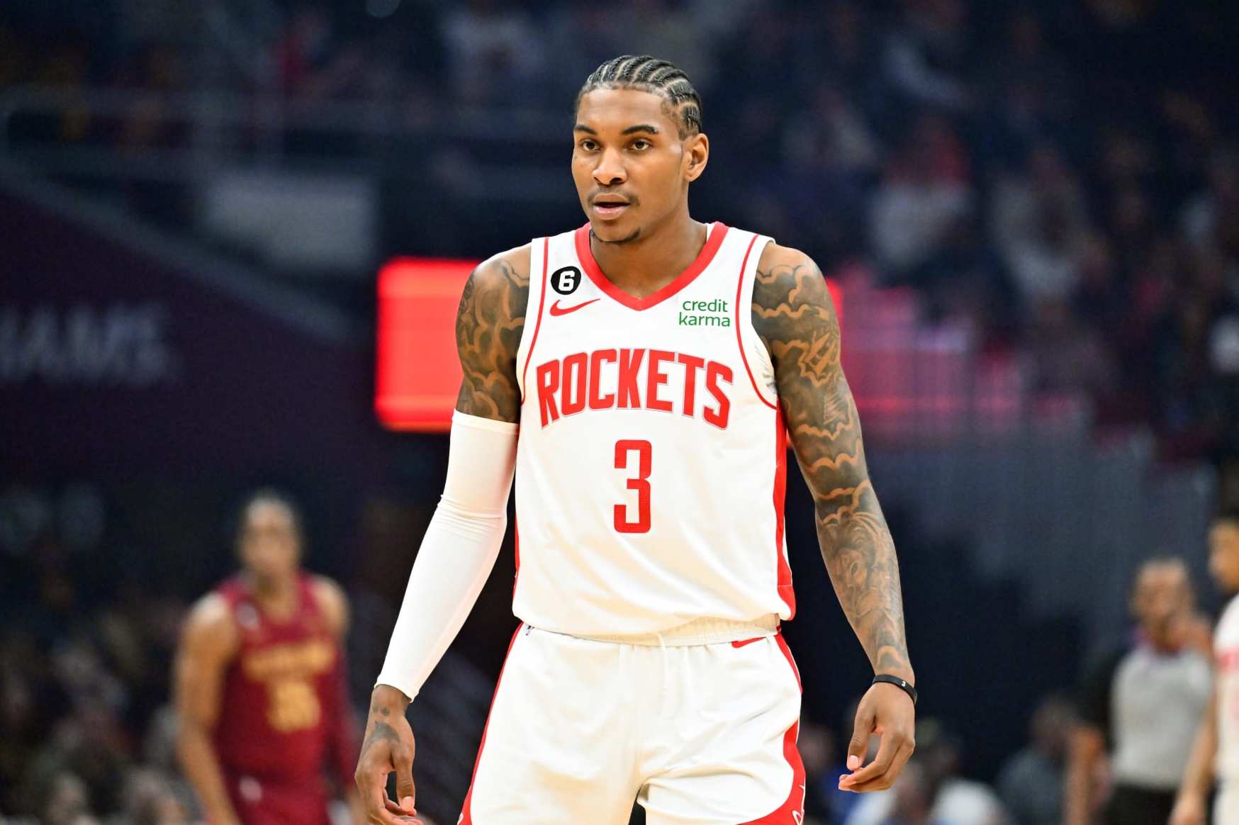 CLEVELAND, OHIO - MARCH 26: Kevin Porter Jr. #3 of the Houston Rockets pauses during the first half against the Cleveland Cavaliers at Rocket Mortgage Fieldhouse on March 26, 2023 in Cleveland, Ohio. NOTE TO USER: User expressly acknowledges and agrees that, by downloading and or using this photograph, User is consenting to the terms and conditions of the Getty Images License Agreement. (Photo by Jason Miller/Getty Images)
