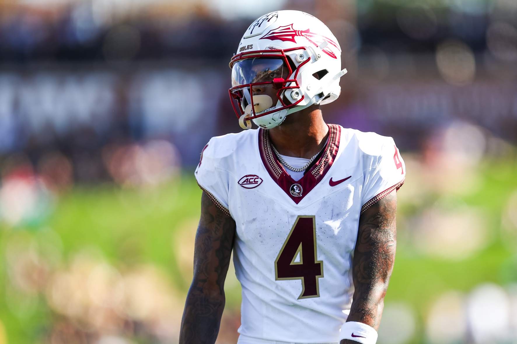 CHARLOTTE, NC - OCTOBER 28: Keon Coleman #4 of the Florida State Seminoles lines up before the snap during a football game against the Wake Forest Demon Deacons at Allegacy Federal Credit Union Stadium in Winston-Salem, North Carolina on Oct 28, 2023. (Photo by David Jensen/Icon Sportswire via Getty Images)