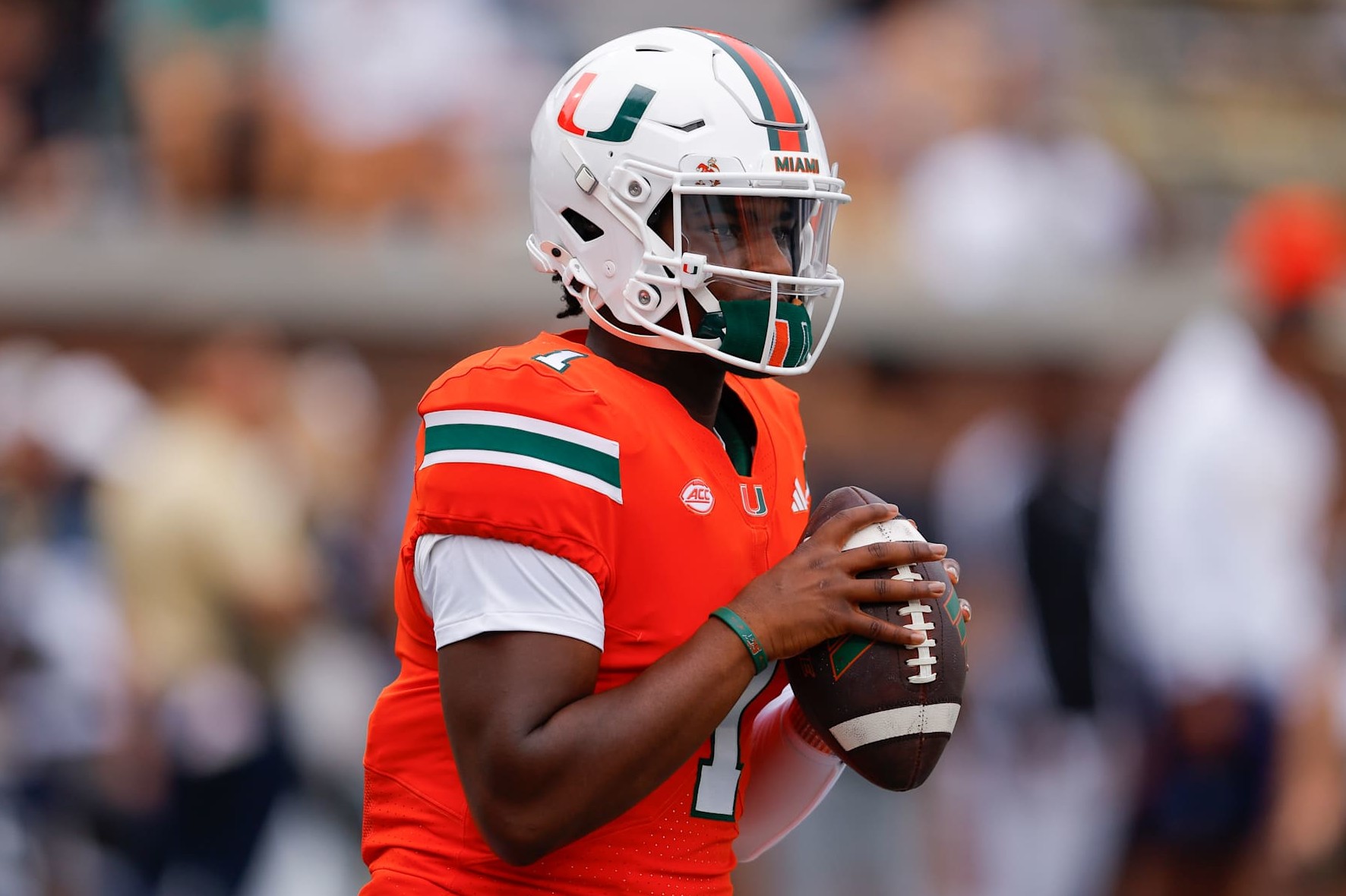 ATLANTA, GEORGIA - NOVEMBER 9: Cam Ward #1 of the Miami Hurricanes warms up prior to the game against the Georgia Tech Yellow Jackets at Bobby Dodd Stadium on November 9, 2024 in Atlanta, Georgia. (Photo by Todd Kirkland/Getty Images)
