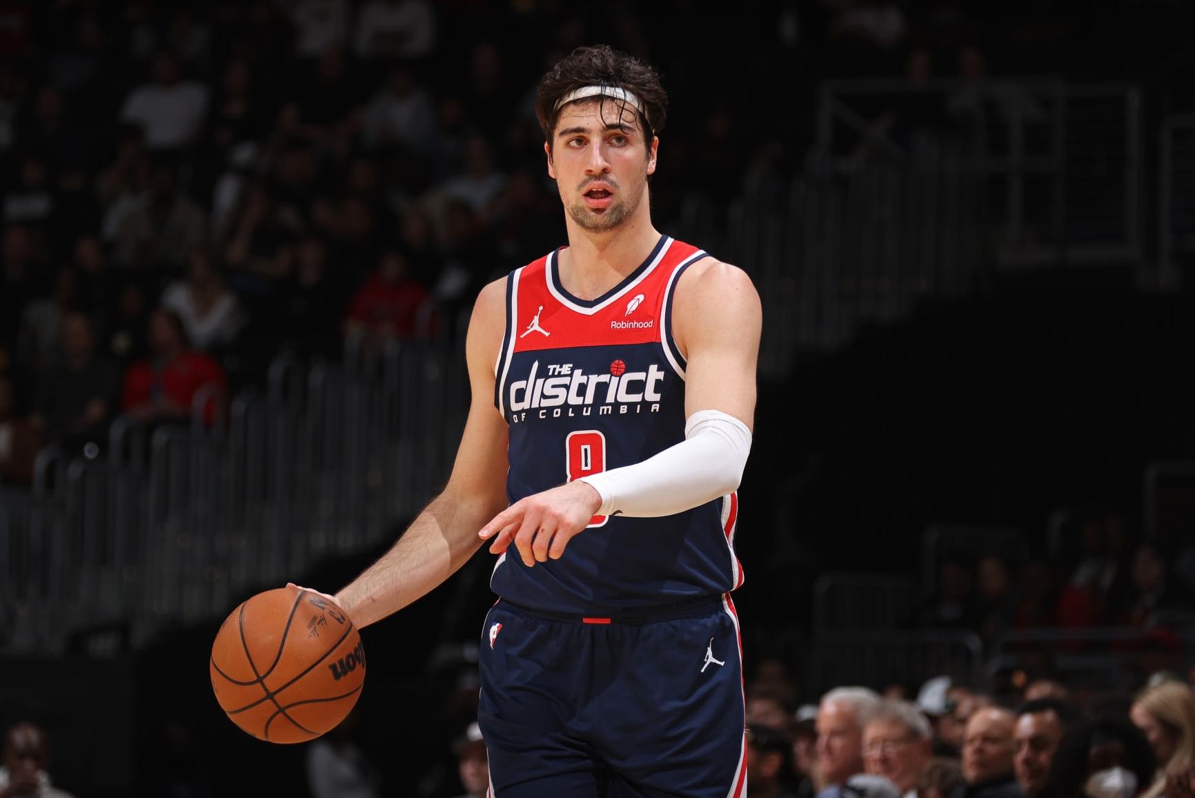 WASHINGTON, DC -  MARCH 31: Deni Avdija #8 of the Washington Wizards signals during the game against the Miami Heat on March 31, 2024 at Capital One Arena in Washington, DC. NOTE TO USER: User expressly acknowledges and agrees that, by downloading and or using this Photograph, user is consenting to the terms and conditions of the Getty Images License Agreement. Mandatory Copyright Notice: Copyright 2024 NBAE (Photo by Stephen Gosling/NBAE via Getty Images)