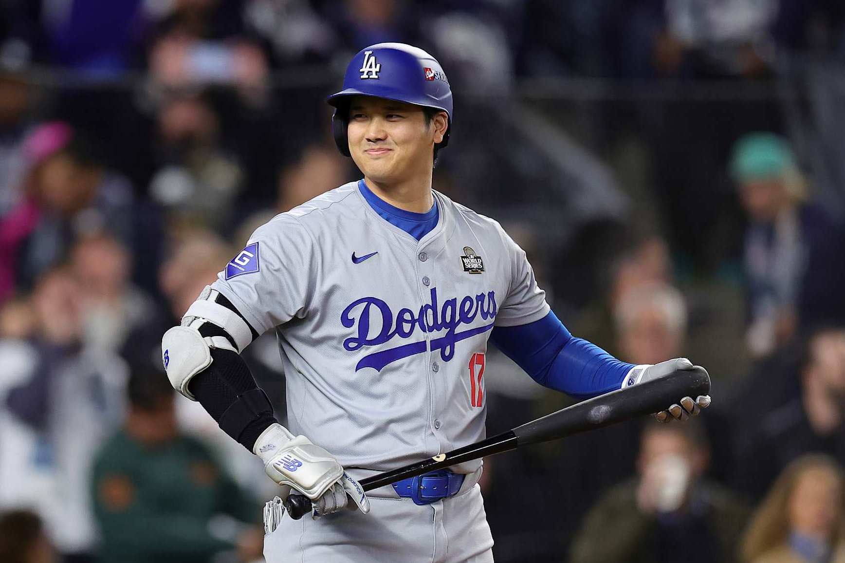 NEW YORK, NEW YORK - OCTOBER 28: Shohei Ohtani #17 of the Los Angeles Dodgers reacts after being walked in the first inning against the New York Yankees during Game Three of the 2024 World Series at Yankee Stadium on October 28, 2024 in the Bronx borough of New York City. (Photo by Alex Slitz/Getty Images)