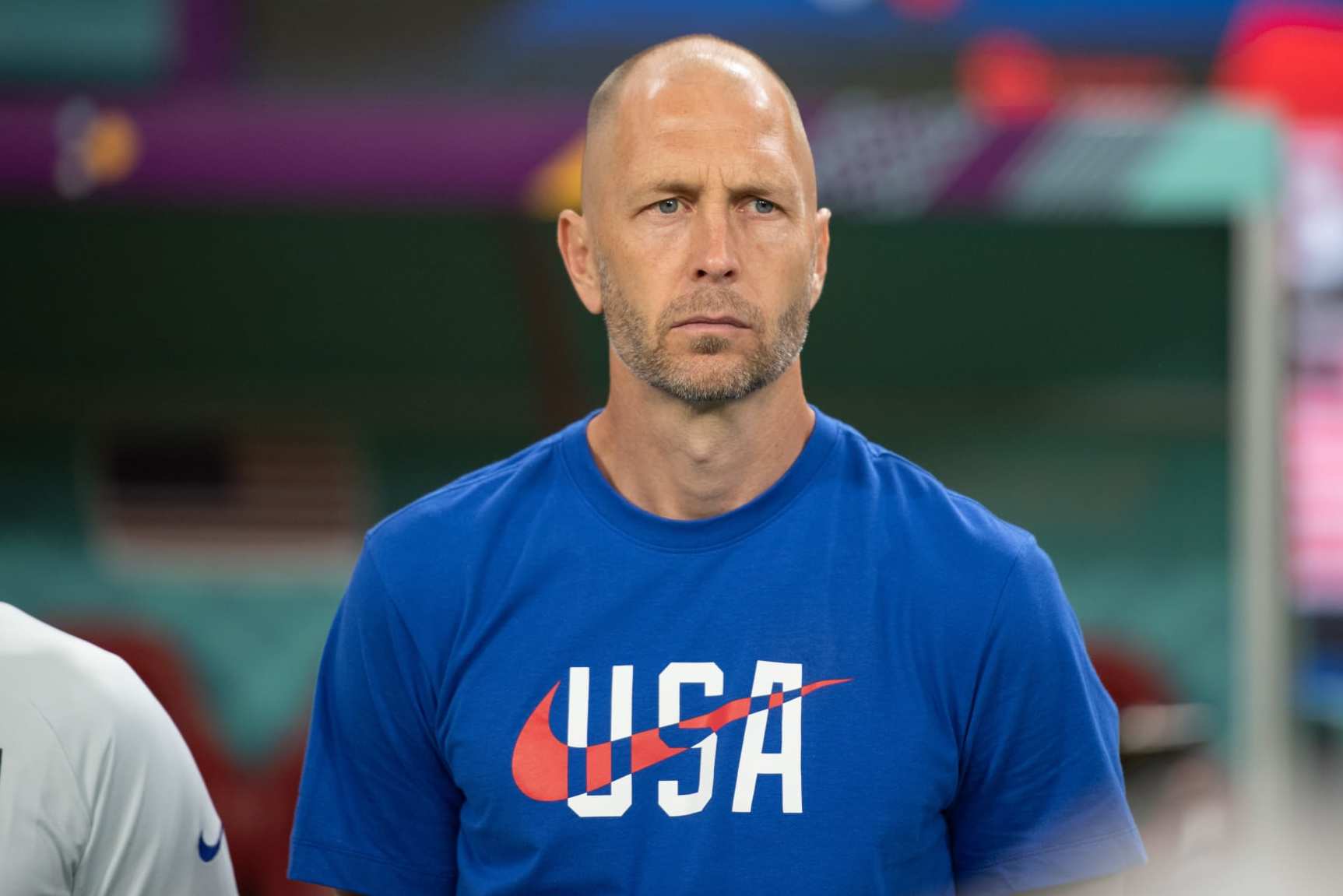 DOHA, QATAR - DECEMBER 3: Greg Berhalter of the United States lines up for the national anthem before a FIFA World Cup Qatar 2022 Round of 16 match between Netherlands and USMNT at Khalifa International Stadium on December 3, 2022 in Doha, Qatar. (Photo by Stephen Nadler/ISI Photos/Getty Images)