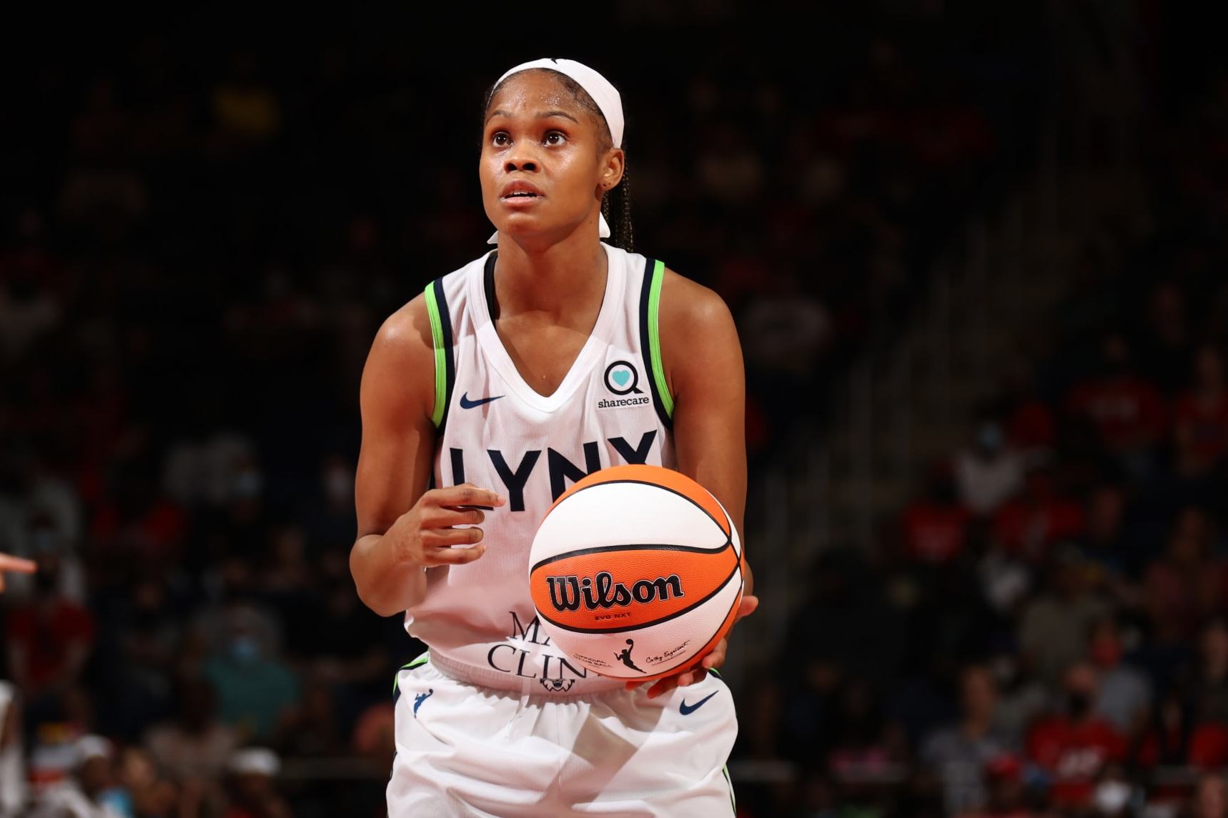 WASHINGTON, DC - JULY 17: Moriah Jefferson #4 of the Minnesota Lynx prepares to shoot a free throw during the game against the Washington Mystics on July 17, 2022 at Entertainment & Sports Arena in Washington, DC. NOTE TO USER: User expressly acknowledges and agrees that, by downloading and or using this Photograph, user is consenting to the terms and conditions of the Getty Images License Agreement. Mandatory Copyright Notice: Copyright 2022 NBAE (Photo by Stephen Gosling/NBAE via Getty Images)