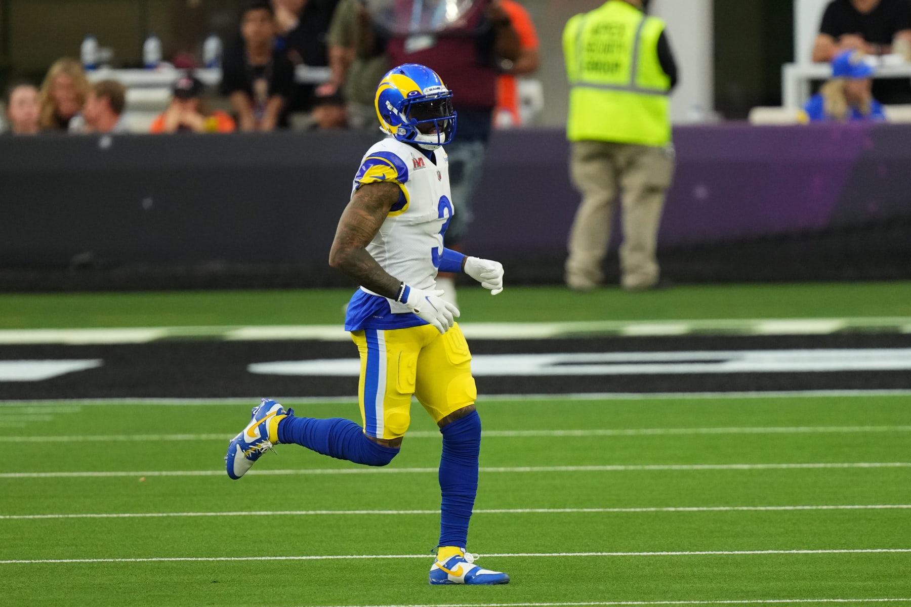 INGLEWOOD, CALIFORNIA - FEBRUARY 13: Odell Beckham Jr. #3 of the Los Angeles Rams runs onto the field during to the NFL Super Bowl LVI football game against the Cincinnati Bengals at SoFi Stadium on February 13, 2022 in Inglewood, California. (Photo by Cooper Neill/Getty Images)