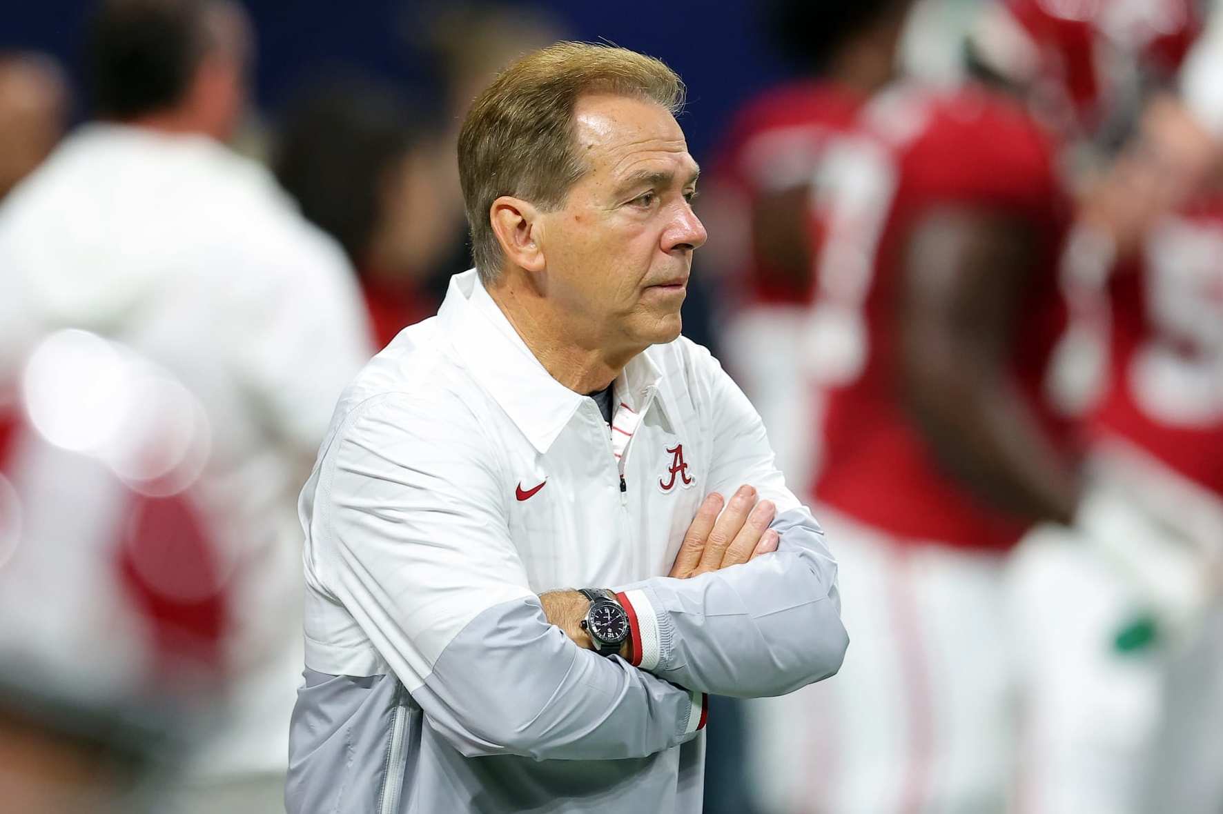 ATLANTA, GEORGIA - DECEMBER 02: Head coach Nick Saban of the Alabama Crimson Tide looks on prior to the SEC Championship game against the Georgia Bulldogs at Mercedes-Benz Stadium on December 02, 2023 in Atlanta, Georgia. (Photo by Kevin C. Cox/Getty Images)