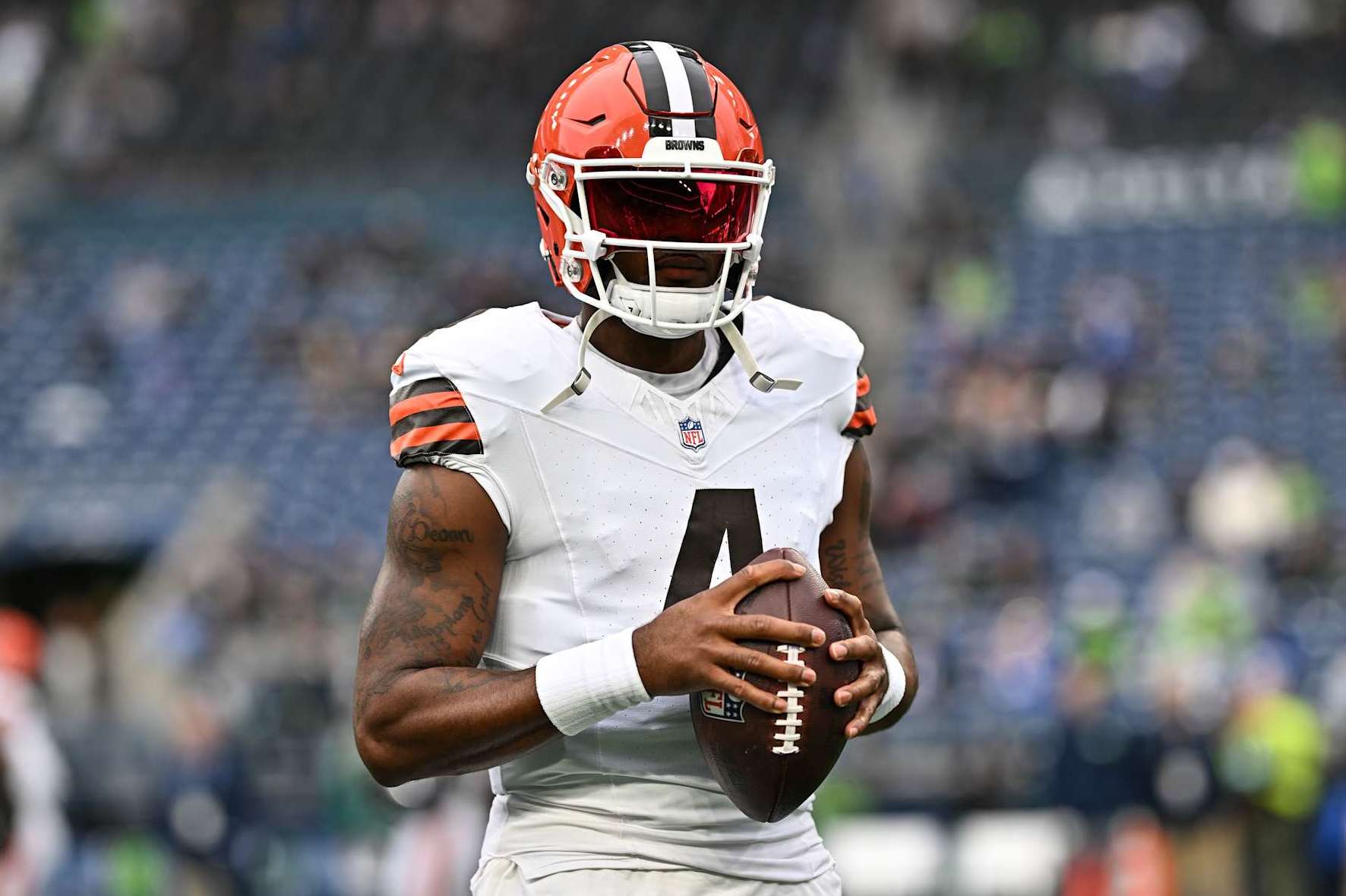 SEATTLE, WASHINGTON - AUGUST 24: Deshaun Watson #4 of the Cleveland Browns warms up prior to an NFL preseason football game against the Seattle Seahawks at Lumen Field on August 24, 2024 in Seattle, Washington. The Seahawks defeated the Browns 37-33. (Photo by Alika Jenner/Getty Images)