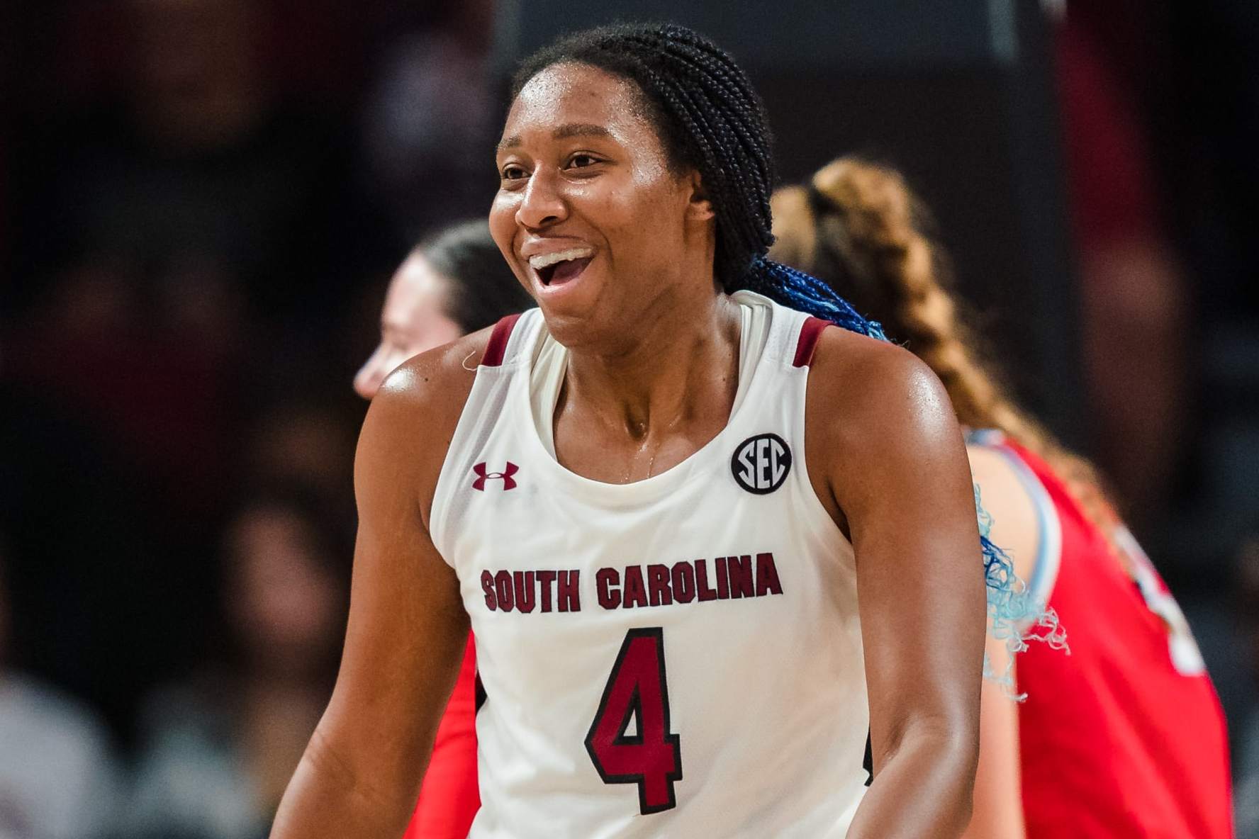 COLUMBIA, SOUTH CAROLINA - DECEMBER 11: Aliyah Boston #4 of the South Carolina Gamecocks reacts during their game against the Liberty Lady Flames at Colonial Life Arena on December 11, 2022 in Columbia, South Carolina. (Photo by Jacob Kupferman/Getty Images) COLUMBIA, SOUTH CAROLINA - DECEMBER 11: Aliyah Boston #4 of the South Carolina Gamecocks reacts during their game against the Liberty Lady Flames at Colonial Life Arena on December 11, 2022 in Columbia, South Carolina. (Photo by Jacob Kupferman/Getty Images)