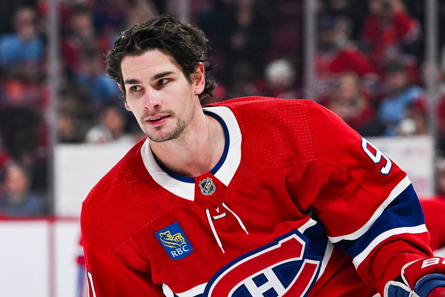 MONTREAL, QC - JANUARY 04: Look on Montreal Canadiens center Sean Monahan (91) during warm-up before the Buffalo Sabres versus the Montreal Canadiens game on January 04, 2024, at Bell Centre in Montreal, QC (Photo by David Kirouac/Icon Sportswire via Getty Images)