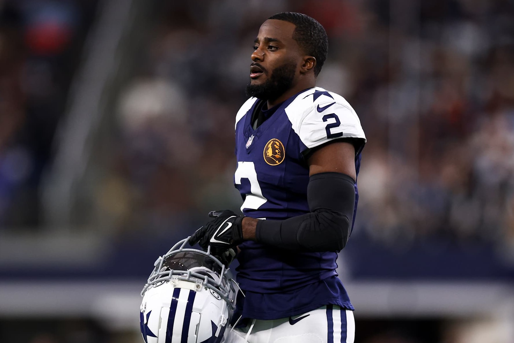 ARLINGTON, TEXAS - NOVEMBER 28: Jourdan Lewis #2 of the Dallas Cowboys walks to the sidelines during an NFL football game against the New York Giants at AT&T Stadium on November 28, 2024 in Arlington, Texas. (Photo by Kevin Sabitus/Getty Images)