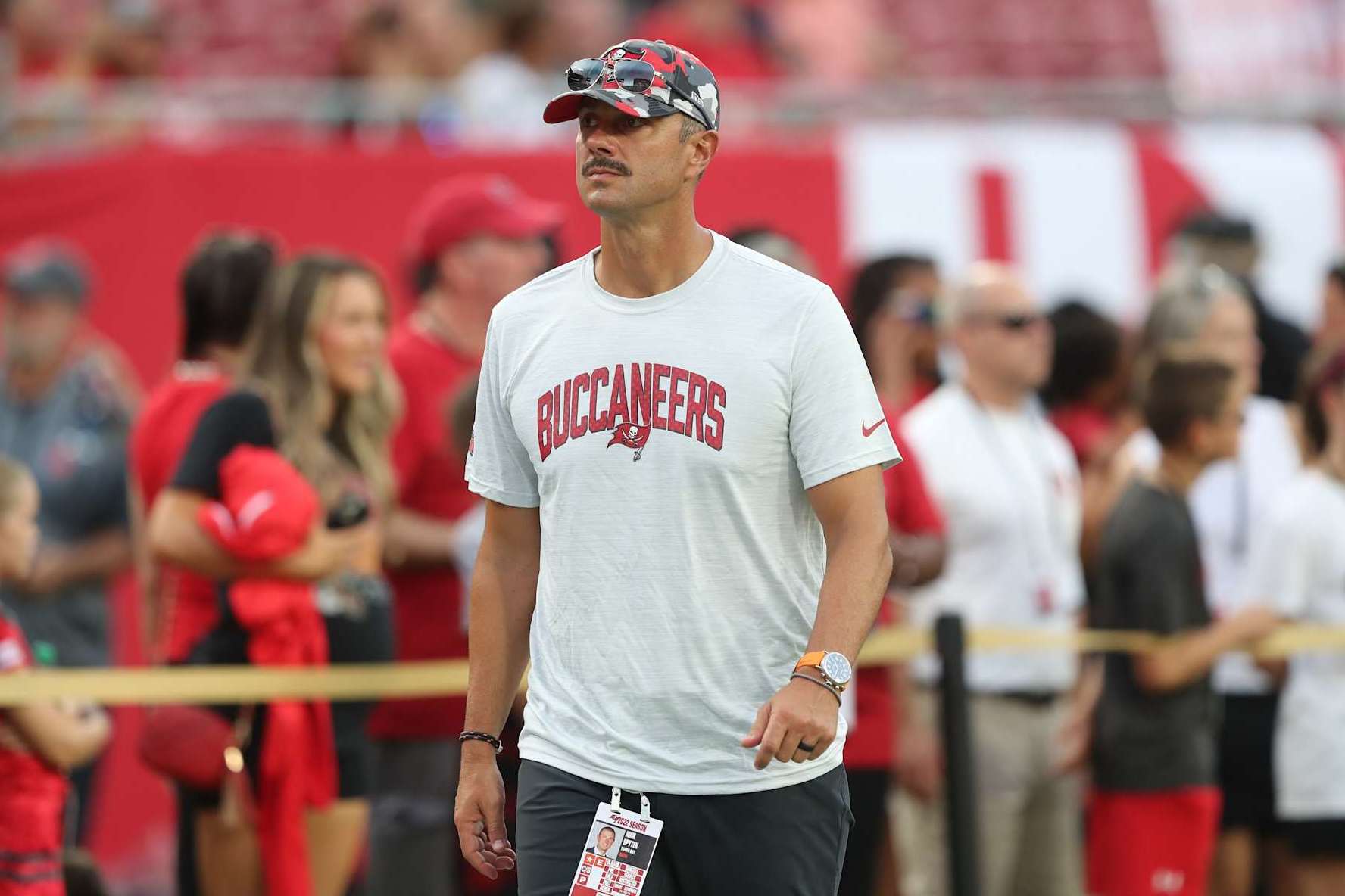 TAMPA, FL - AUGUST 13: Tampa Bay Buccaneers Vice President of Player Personnel John Spytek watches the action on the field before the preseason game between the Miami Dolphins and the Tampa Bay Buccaneers on August 13, 2022 at Raymond James Stadium in Tampa, Florida. (Photo by Cliff Welch/Icon Sportswire via Getty Images)