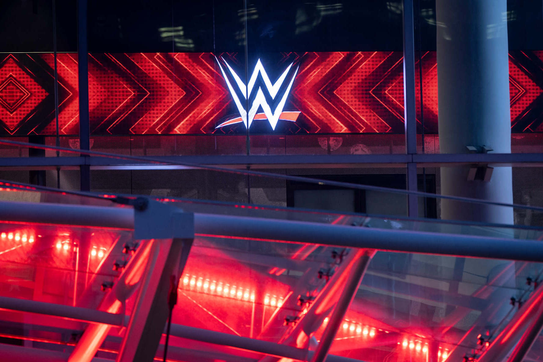 STAMFORD, CONNECTICUT - JANUARY 28: The WWE logo is seen on the front of the WWE wrestling world headquarters on January 28, 2024 in Stamford, Connecticut. WWE founder Vince McMahon resigned from the WWE and its parent company TKO as executive chairman and its board of directors following allegations of sexual assault made public in a lawsuit in Connecticut. A former employee Janel Grant accused McMahon, 78, of sexual assault and sexually trafficking her. (Photo by John Moore/Getty Images)
