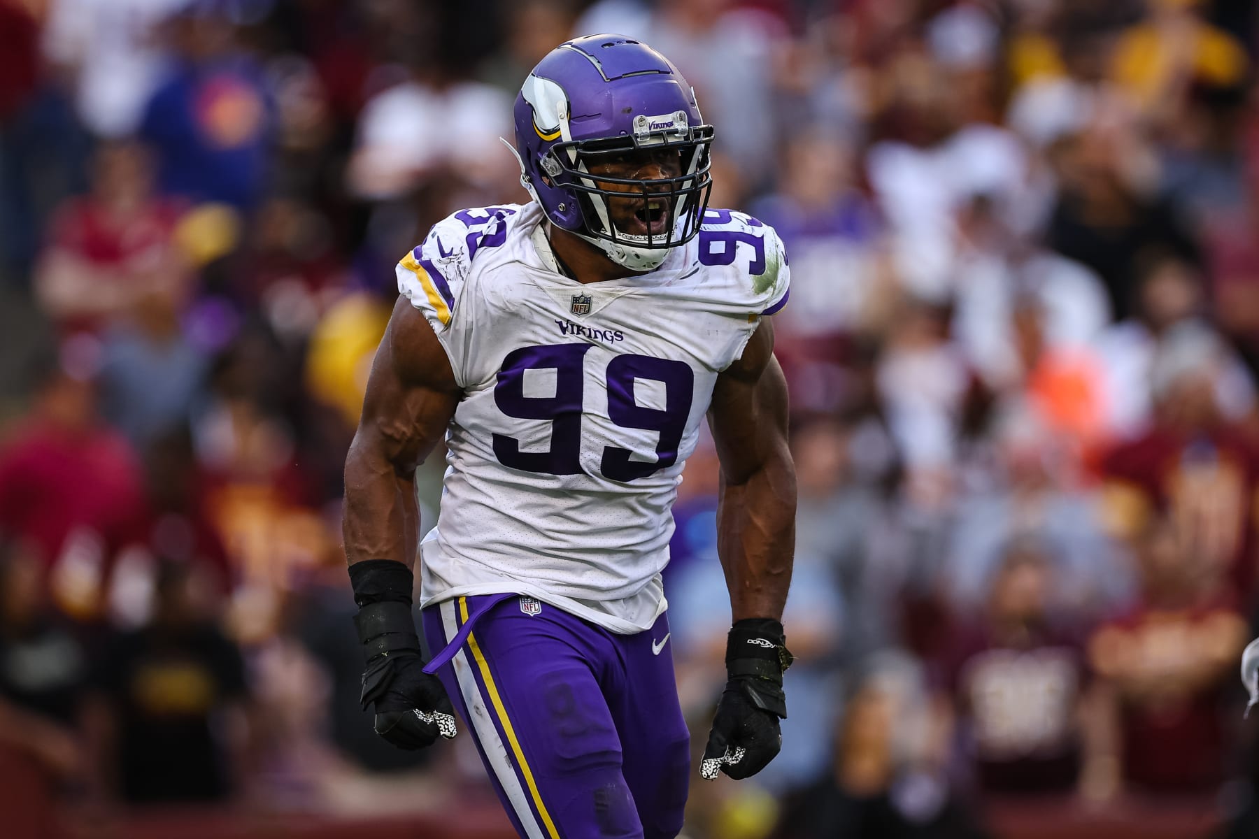 LANDOVER, MD - NOVEMBER 06: Danielle Hunter #99 of the Minnesota Vikings celebrates after a play in opposition to the Washington Commanders at some stage within the 2d half of of the game at FedExField on November 6, 2022 in Landover, Maryland. (Describe by Scott Taetsch/Getty Footage)