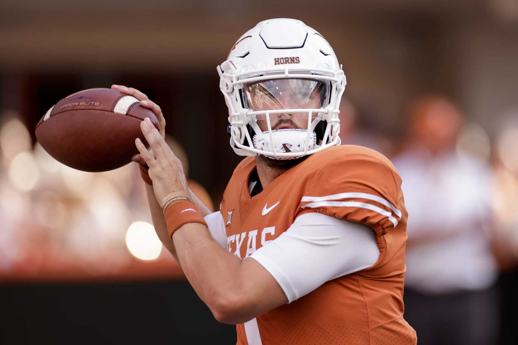 AUSTIN, TEXAS - SEPTEMBER 17: Hudson Card #1 of the Texas Longhorns warms up before the game against the UTSA Roadrunners at Darrell K Royal-Texas Memorial Stadium on September 17, 2022 in Austin, Texas. (Photo by Tim Warner/Getty Images)