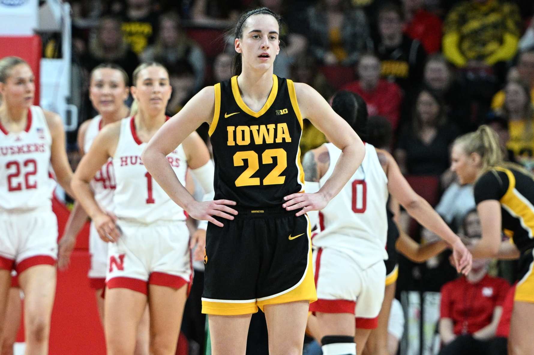 LINCOLN, NEBRASKA - FEBRUARY 11: Caitlin Clark #22 of the Iowa Hawkeyes looks to the bench after a play against the Nebraska Cornhuskers in the first half at Pinnacle Bank Arena on February 11, 2024 in Lincoln, Nebraska. (Photo by Steven Branscombe/Getty Images)