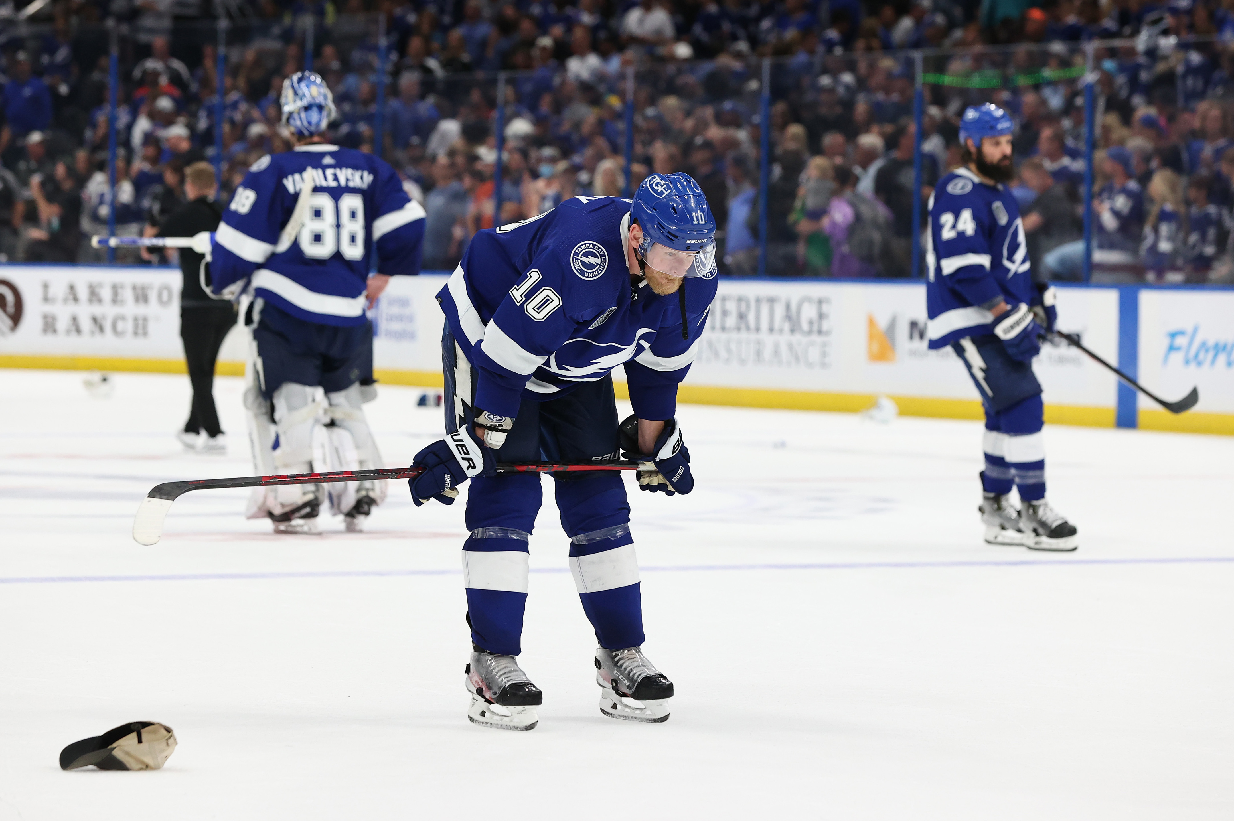 TAMPA, FLORIDA - JUNE 26: Corey Perry #10 of the Tampa Bay Lightning reacts after losing to the Tampa Bay Lightning 2-1 in Game Six of the 2022 NHL Stanley Cup Final at Amalie Arena on June 26, 2022 in Tampa, Florida. (Photo by Mike Carlson/Getty Images)