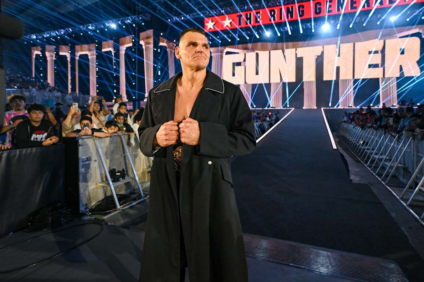 RIYADH, SAUDI ARABIA - NOVEMBER 2: The World Heavyweight Champion, GUNTHER enters the arena during Crown Jewel at Mohammed Abdo Arena on November 2, 2024 in Riyadh, Saudi Arabia. (Photo by WWE/Getty Images)