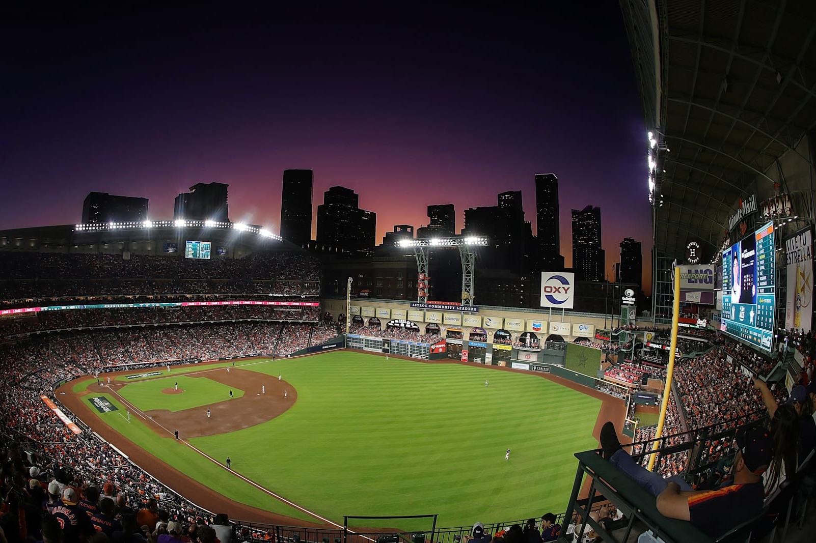 HOUSTON, TEXAS - OCTOBER 20: A view of the Houston skyline in game two of the American League Championship Series at Minute Maid Park on October 20, 2022 in Houston, Texas. (Photo by Bob Levey/Getty Images)