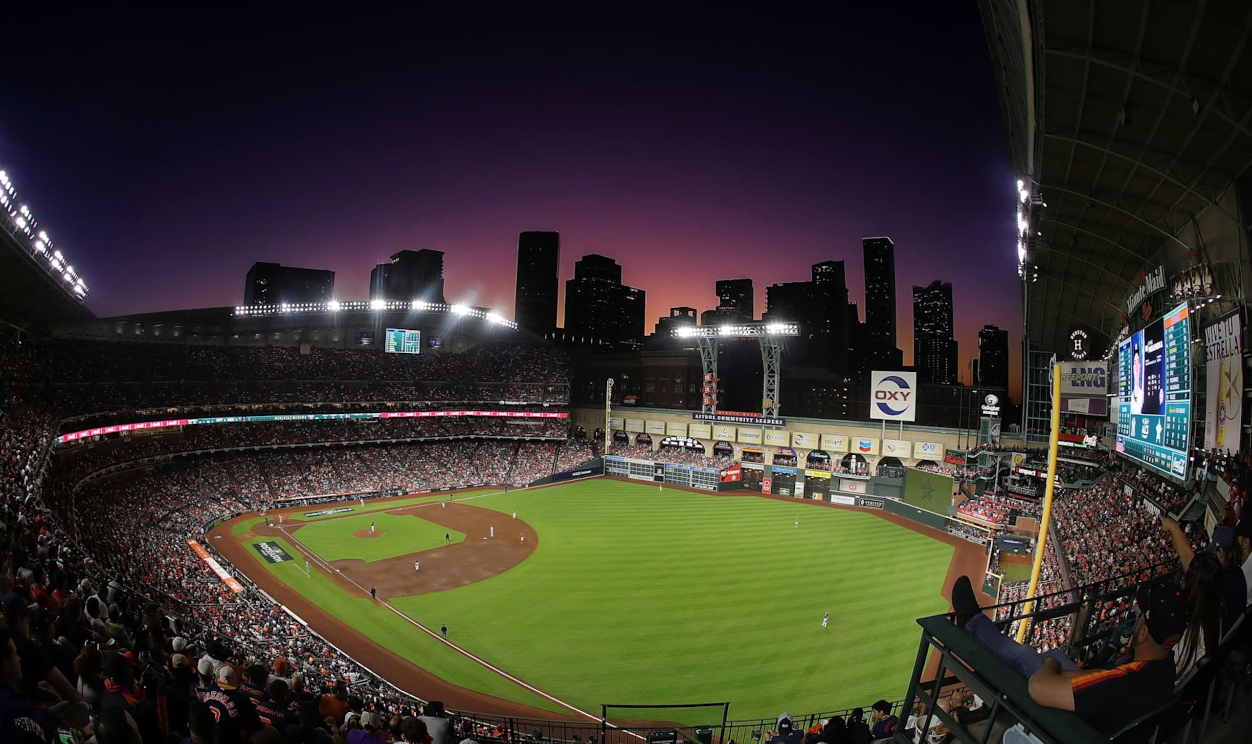 HOUSTON, TEXAS - OCTOBER 20: A view of the Houston skyline in game two of the American League Championship Series at Minute Maid Park on October 20, 2022 in Houston, Texas. (Photo by Bob Levey/Getty Images)