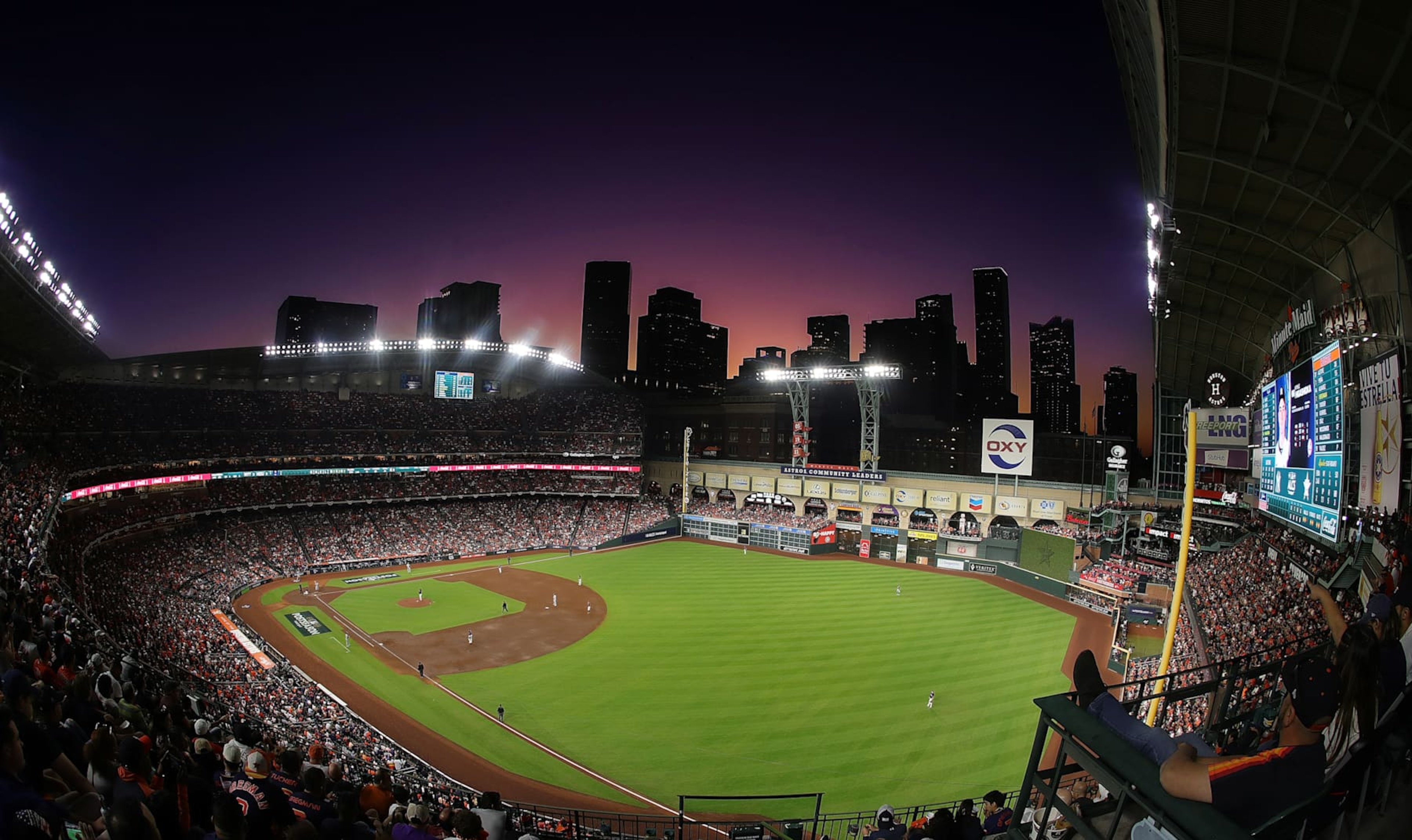 HOUSTON, TEXAS - OCTOBER 20: A view of the Houston skyline in game two of the American League Championship Series at Minute Maid Park on October 20, 2022 in Houston, Texas. (Photo by Bob Levey/Getty Images)