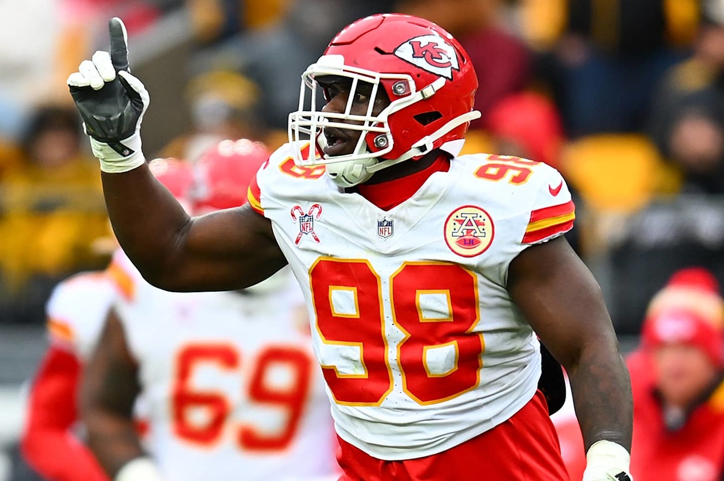 PITTSBURGH, PENNSYLVANIA - DECEMBER 25: Tershawn Wharton #98 of the Kansas City Chiefs in action during the game against the Pittsburgh Steelers at Acrisure Stadium on December 25, 2024 in Pittsburgh, Pennsylvania. (Photo by Joe Sargent/Getty Images)