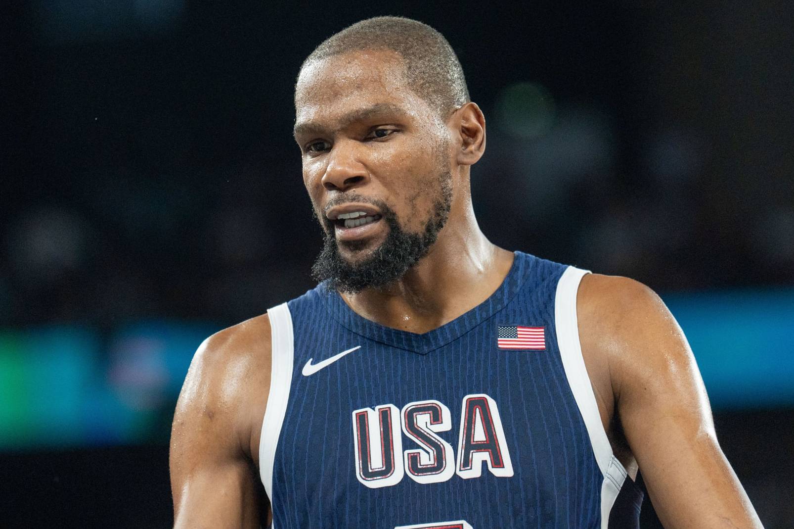 PARIS, FRANCE - AUGUST 10: Kevin Durant of US in action during Men's Gold Medal game between Team France and Team United States on day fifteen of the Olympic Games Paris 2024 at Bercy Arena on August 10, 2024 in Paris, France. (Photo by Aytac Unal/Anadolu via Getty Images)