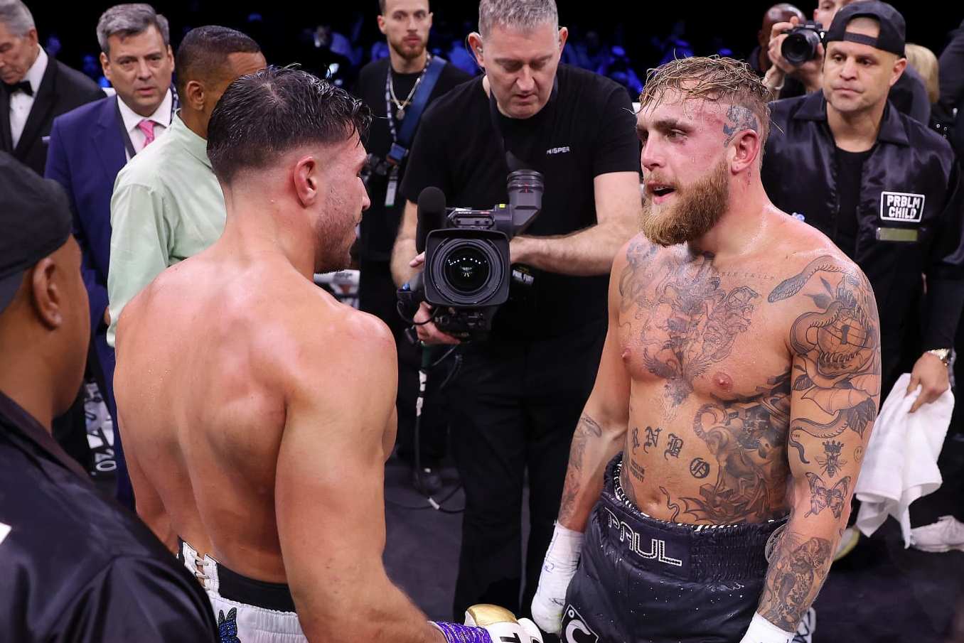 RIYADH, SAUDI ARABIA - FEBRUARY 26: Tommy Fury speaks with Jake Paul, after Tommy Fury defeats Jake Paul during the Cruiserweight Title fight between Jake Paul and Tommy Fury at the Diriyah Arena on February 26, 2023 in Riyadh, Saudi Arabia. (Photo by Francois Nel/Getty Images)