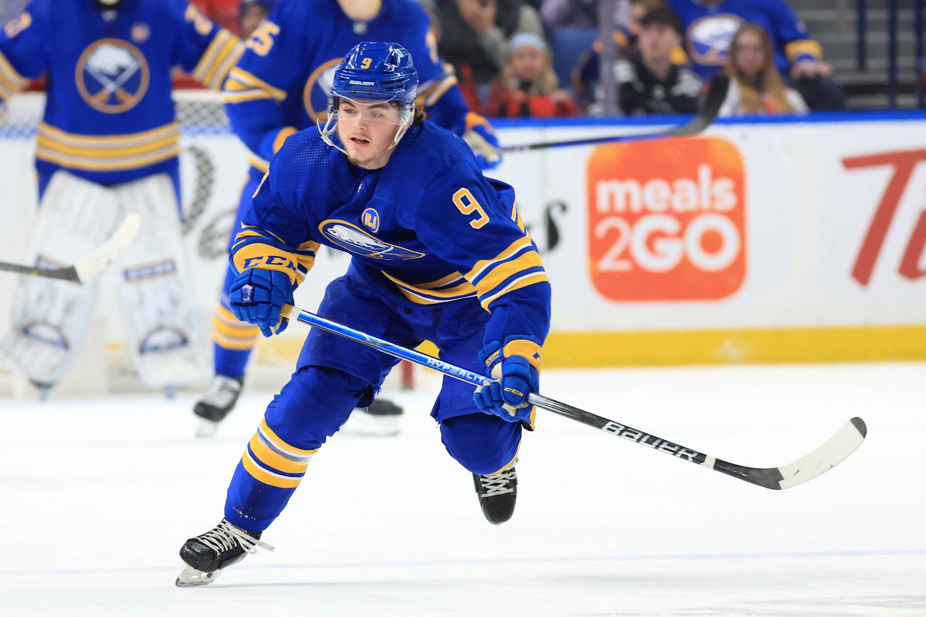 BUFFALO, NEW YORK - MARCH 29: Zach Benson #9 of the Buffalo Sabres skates against the New Jersey Devils during an NHL game on March 29, 2024 at KeyBank Center in Buffalo, New York. (Photo by Bill Wippert/NHLI via Getty Images)