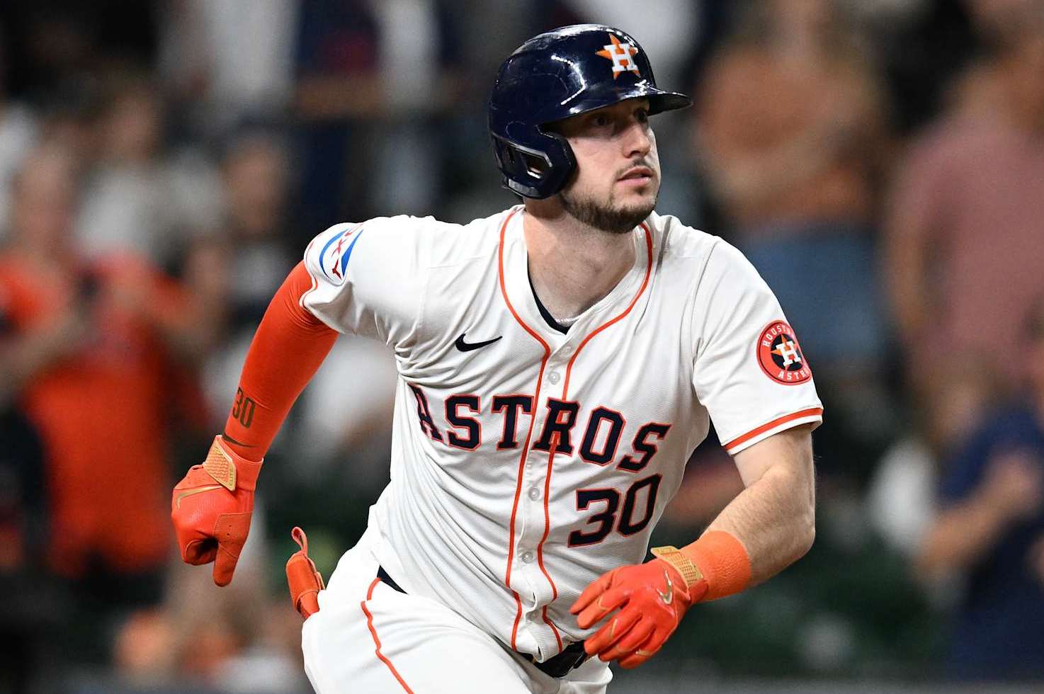 HOUSTON, TEXAS - SEPTEMBER 11: Kyle Tucker #30 of the Houston Astros pinch hits for an RBI-single against the Oakland Athletics at Minute Maid Park on September 11, 2024 in Houston, Texas. (Photo by Jack Gorman/Getty Images)